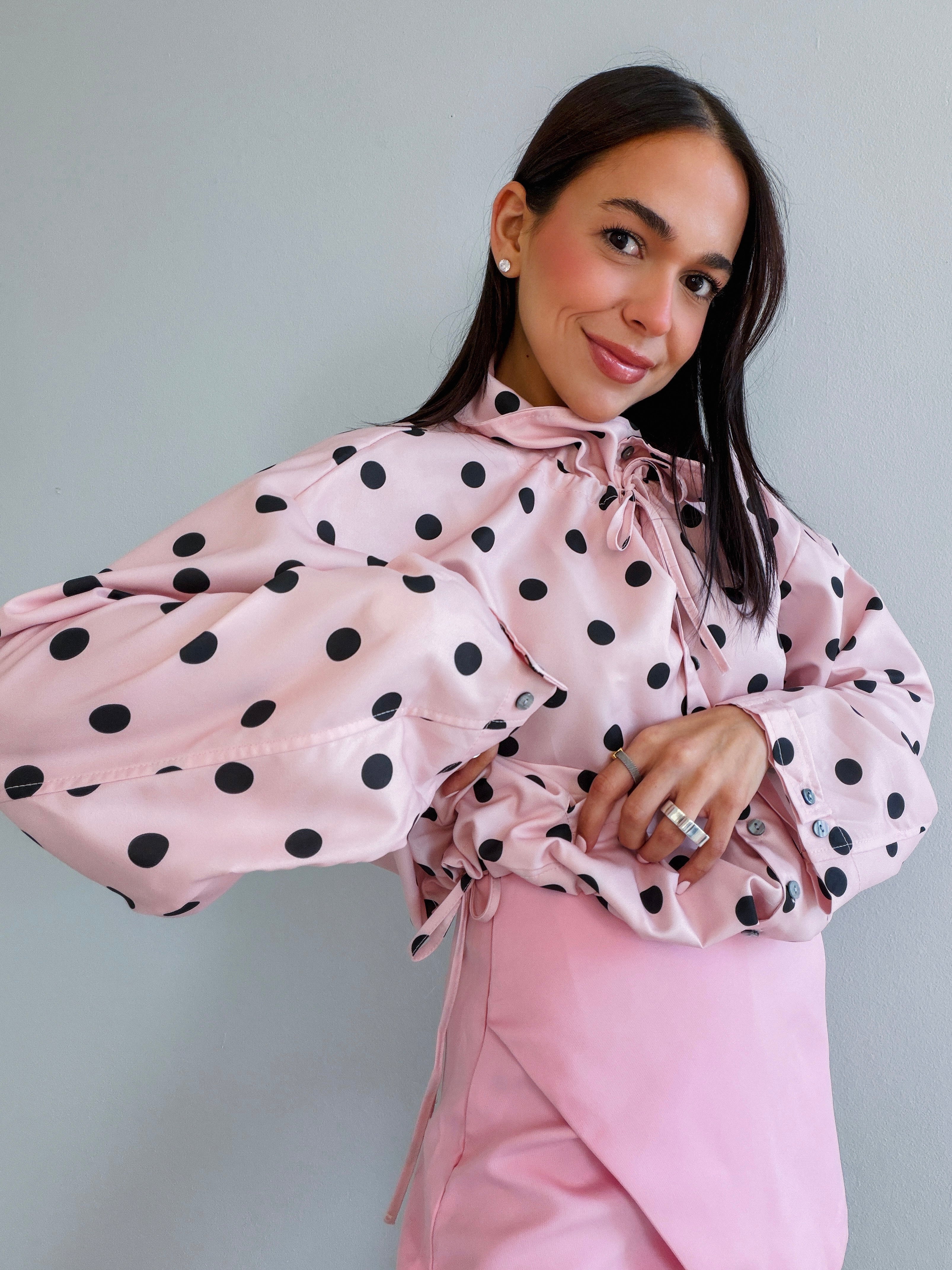 IT GIRL POLKA DOT LONG SLEEVE PINK BLOUSE