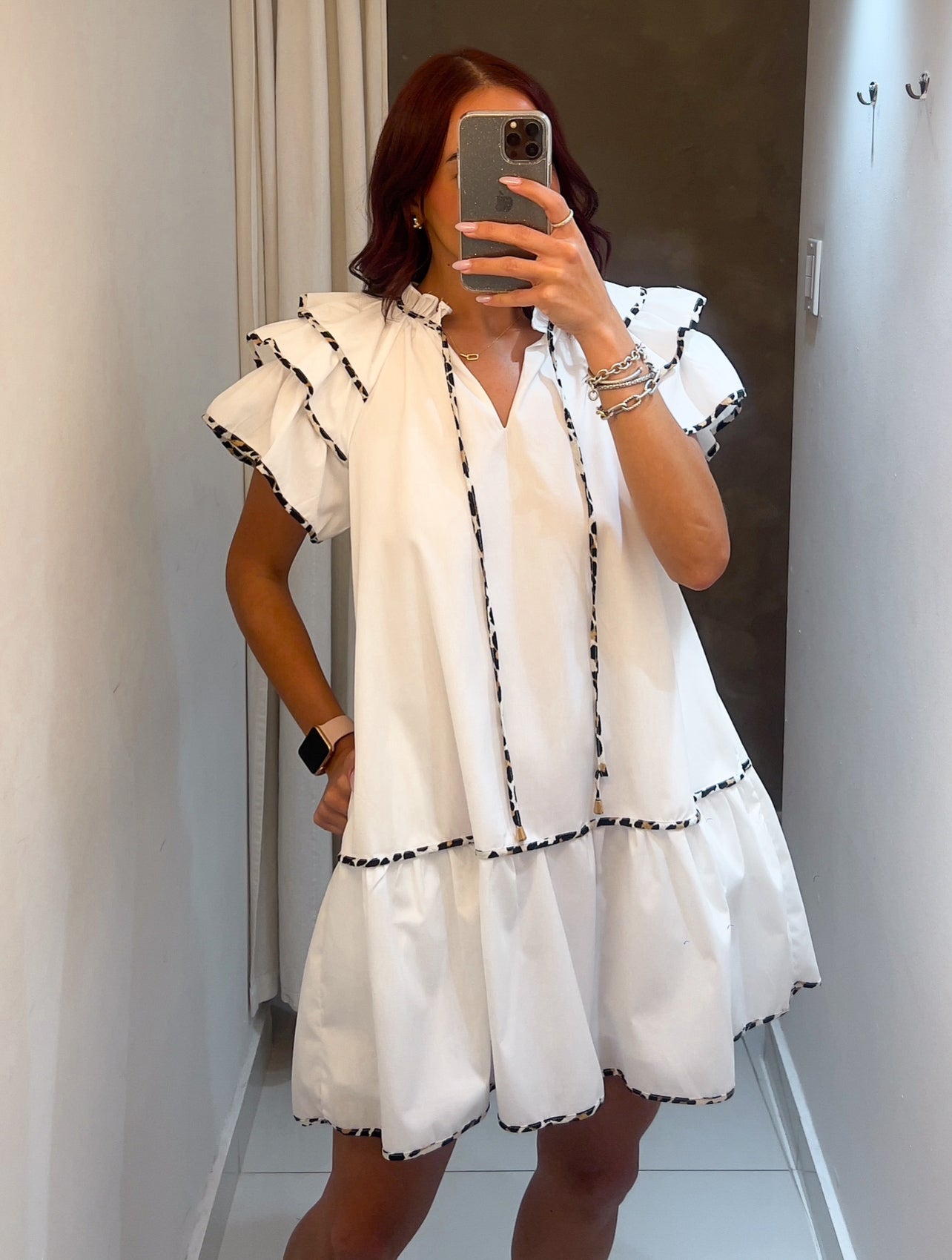 OLIVIA TIERED RUFFLE SLEEVE DRESS WITH LEOPARD FINISH