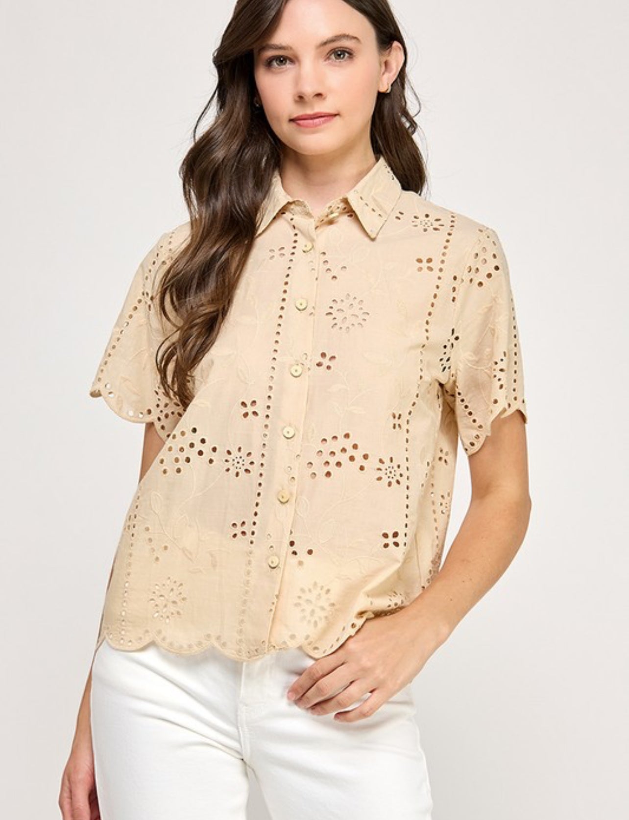 CHLOE EYELET BUTTON DOWN BLOUSE IN KHAKI