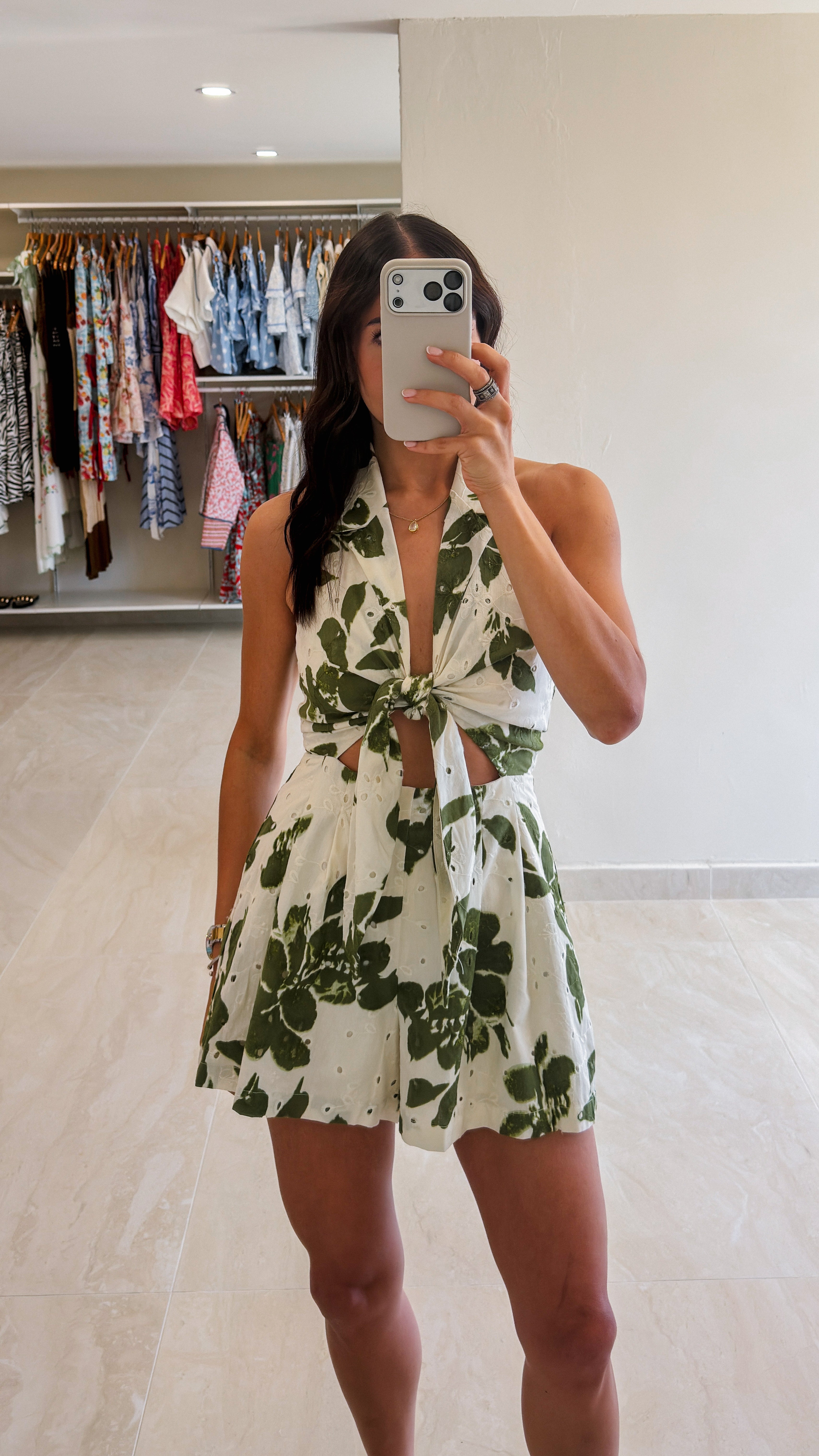SASHA OLIVE EYELET TIE FRONT ROMPER