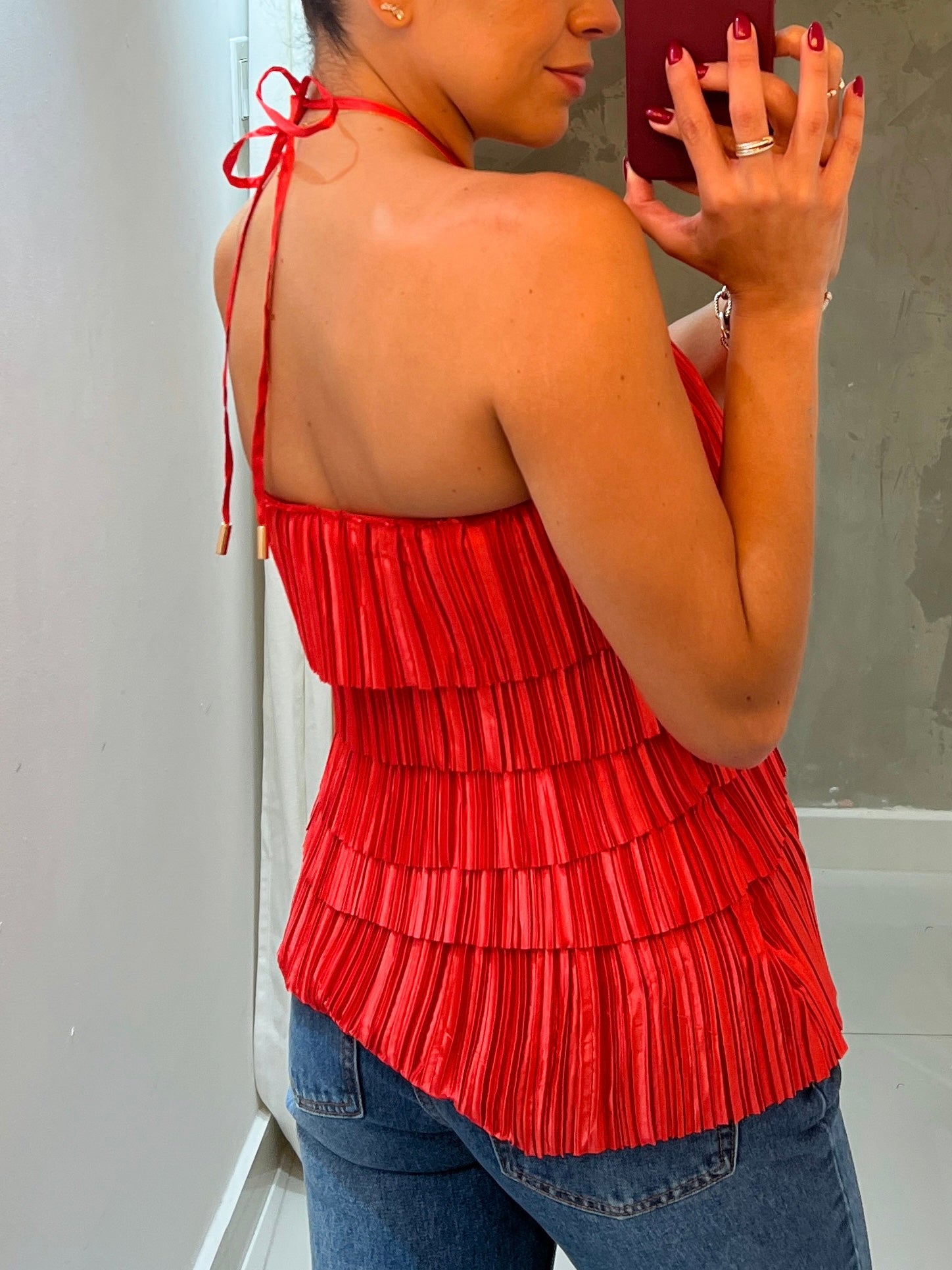 FABIANA PLEATED HALTER TOP IN RED