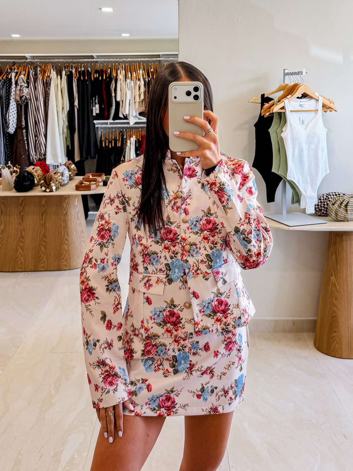 AMELIA FLOWER PRINT BLAZER AND SKORT SET