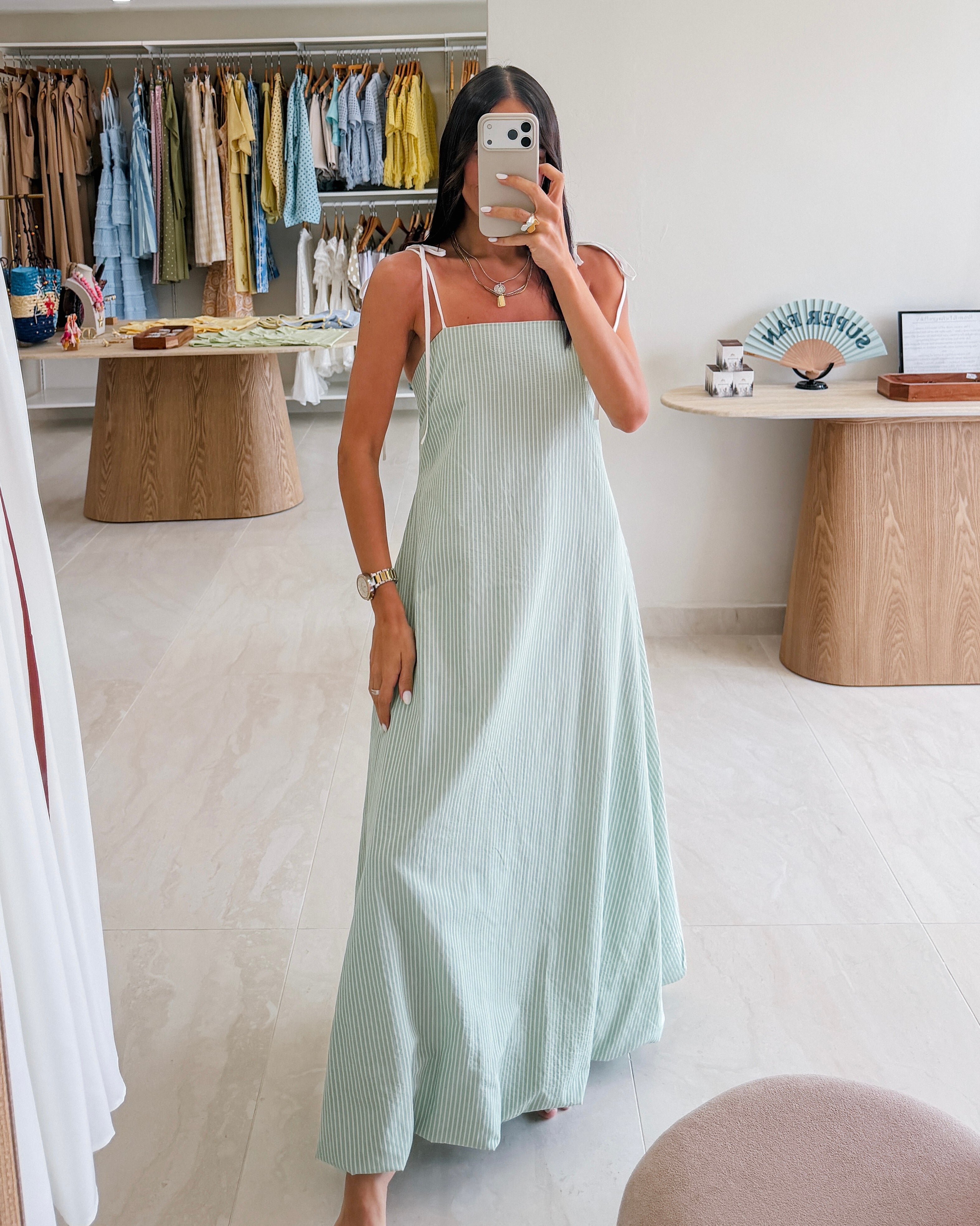 SLEEVELESS STRIPES MINT OPEN BACK MAXI DRESS