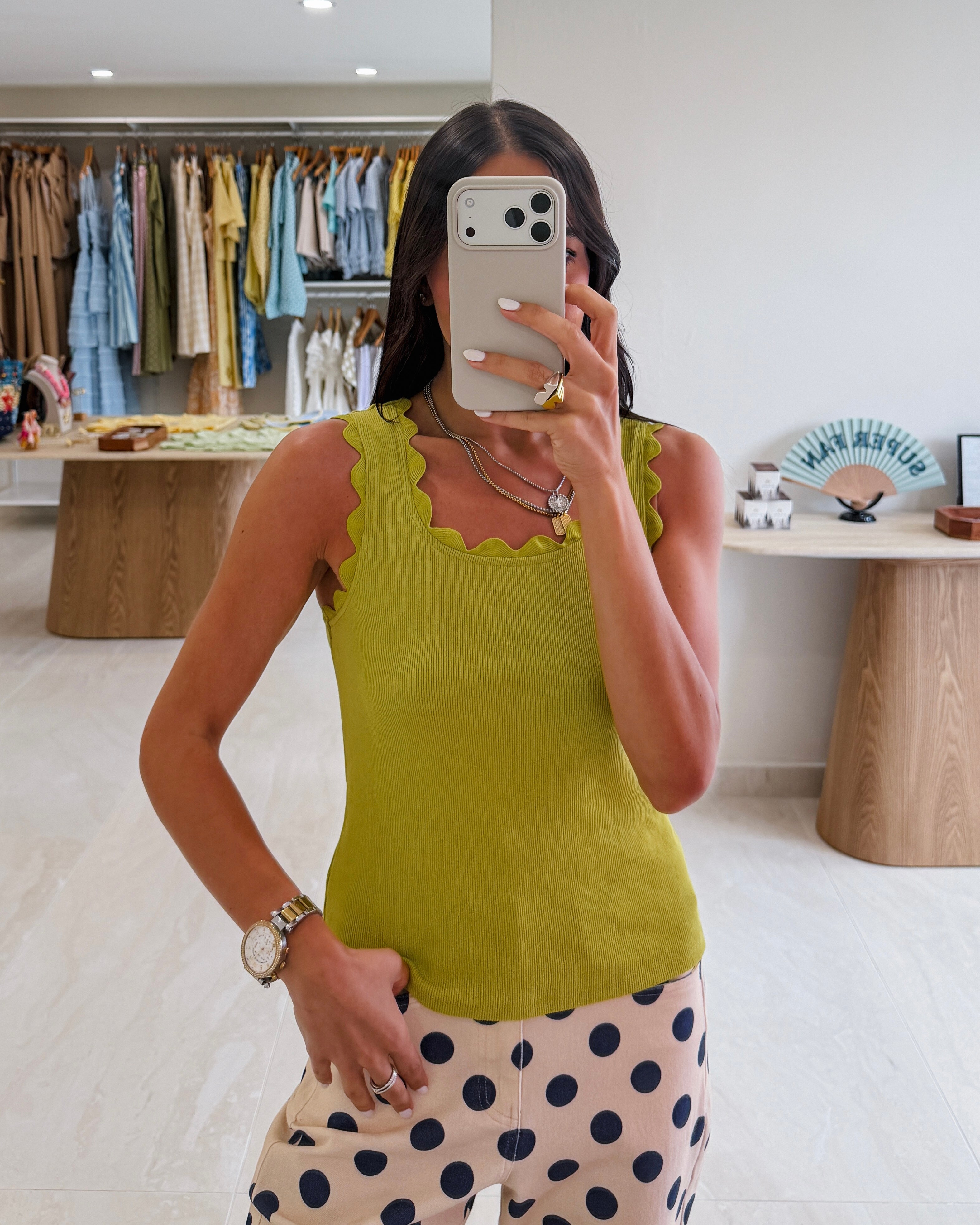 SCALLOP SCOOP NECK LIME TANK TOP
