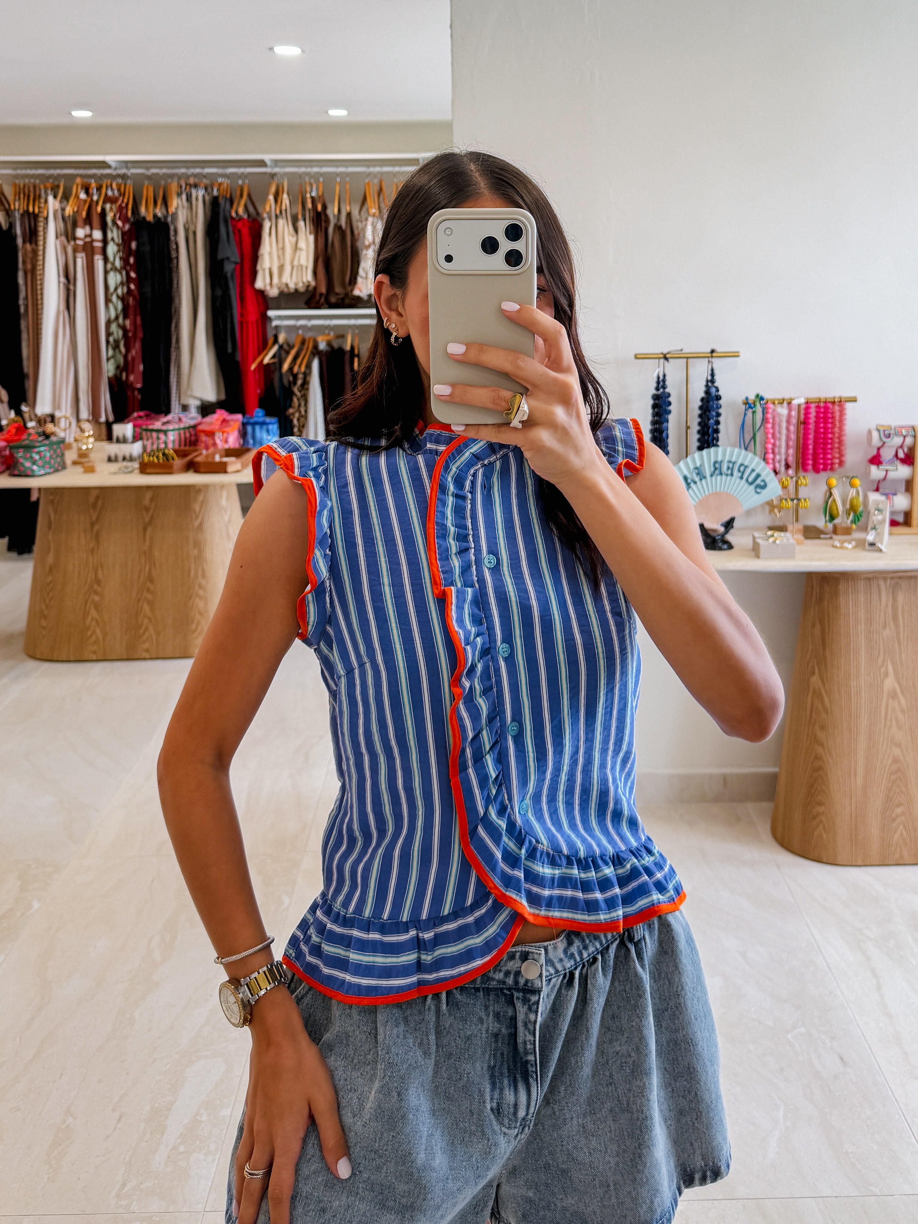 DEMI STRIPE RUFFLE DETAIL BLOUSE