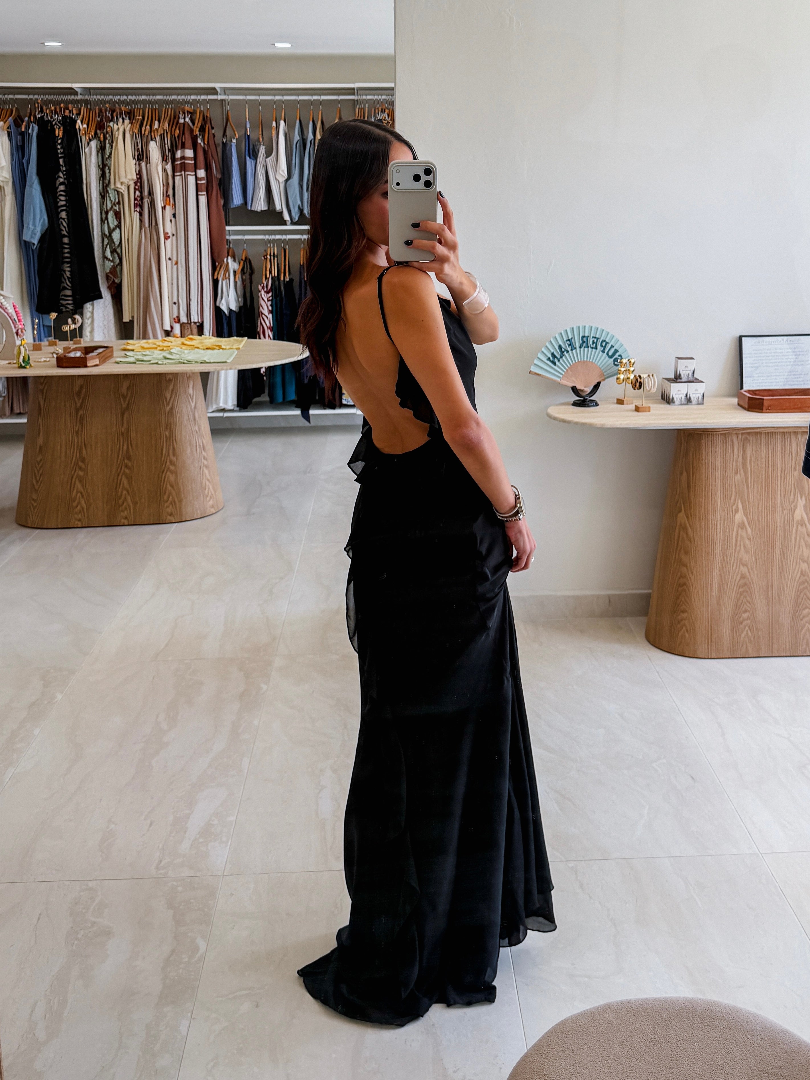 LILITH RUFFLE LOW BACK BLACK MAXI DRESS