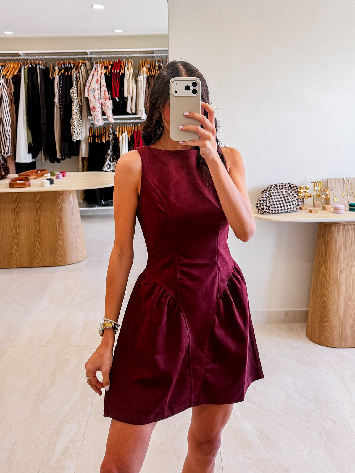 CARISSA BOAT NECK WINE SUEDE DRESS