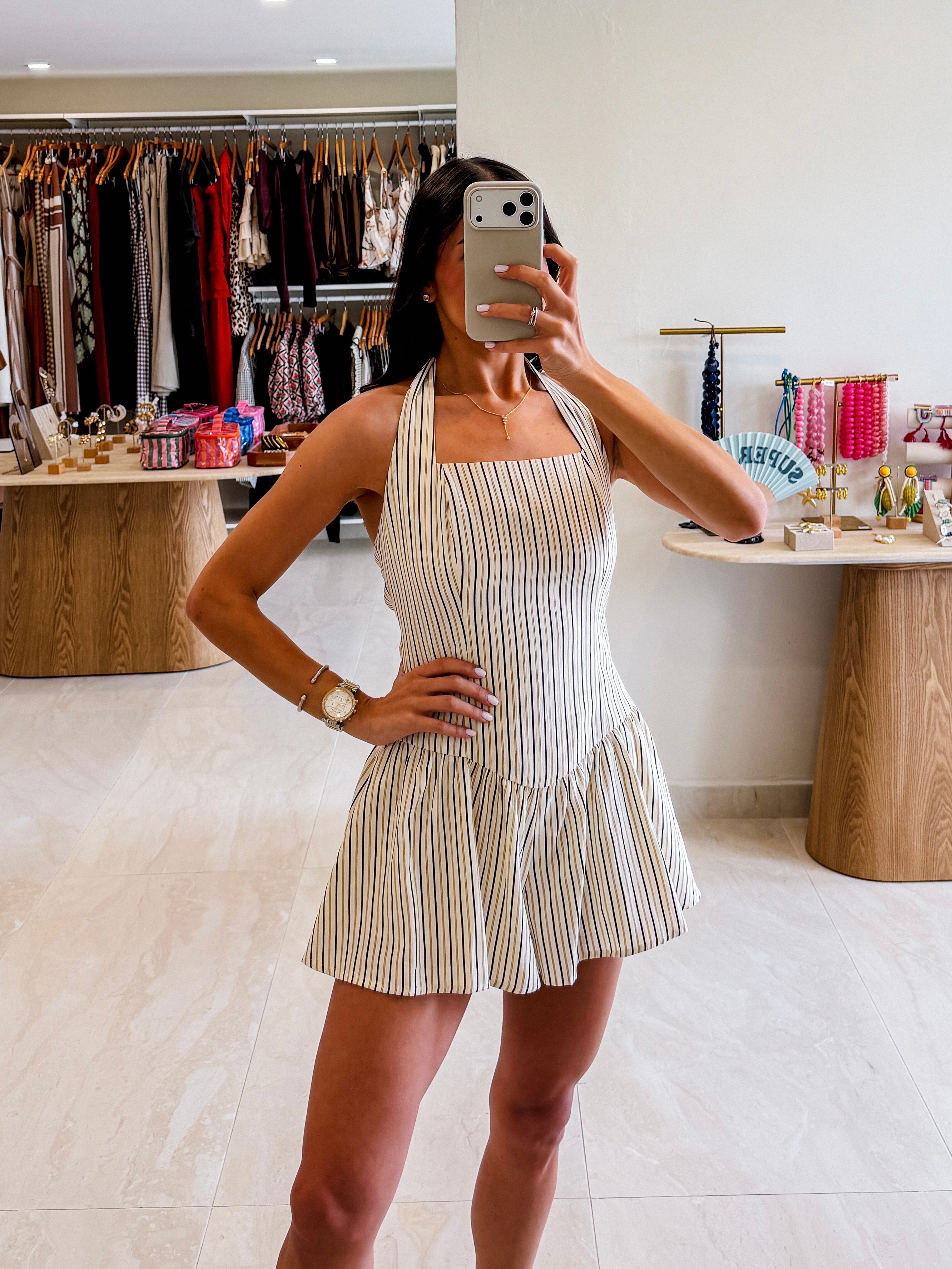 ALANNA STRIPED HALTER ROMPER