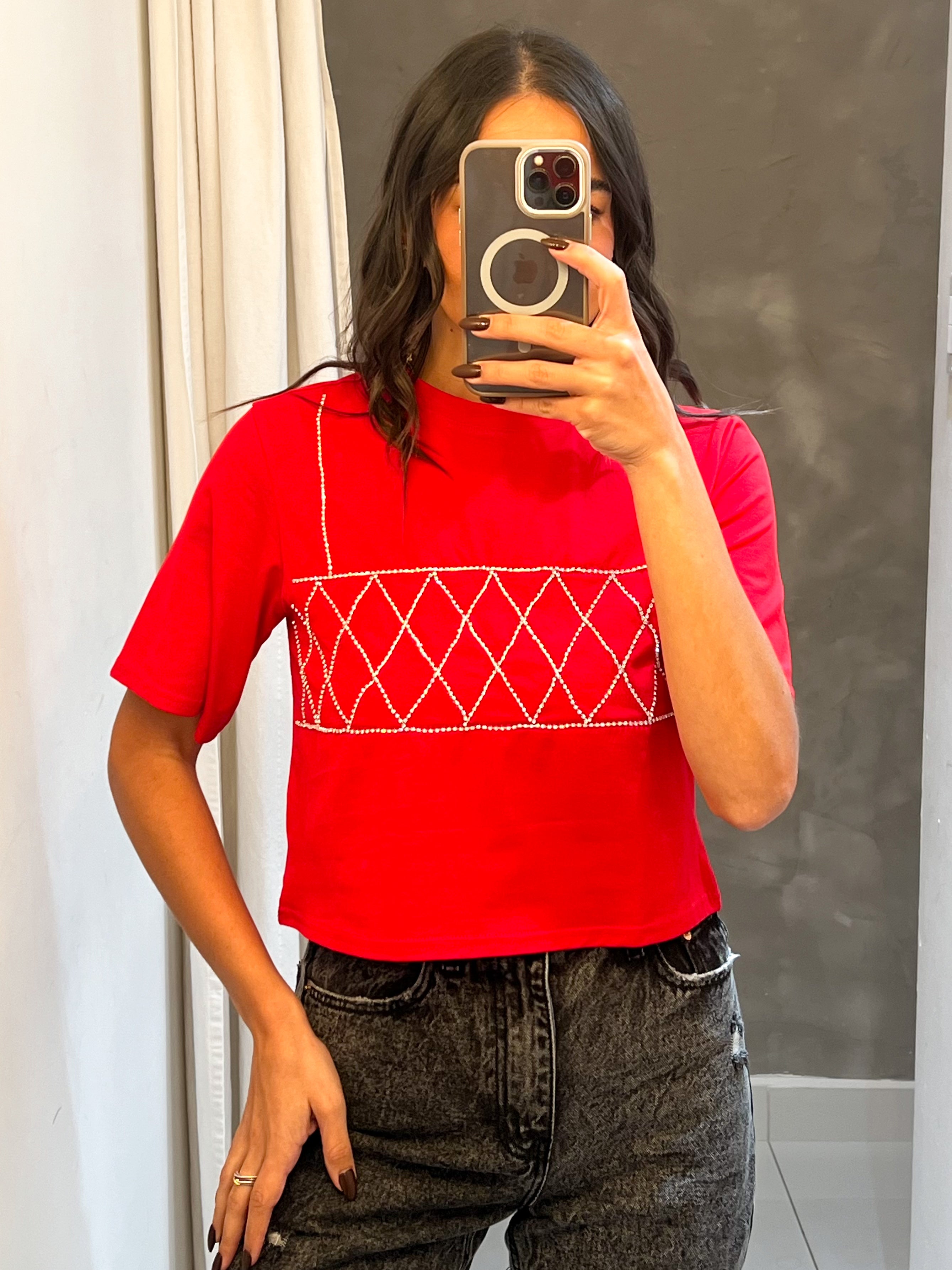 LEENA RHINESTONE TEE IN RED