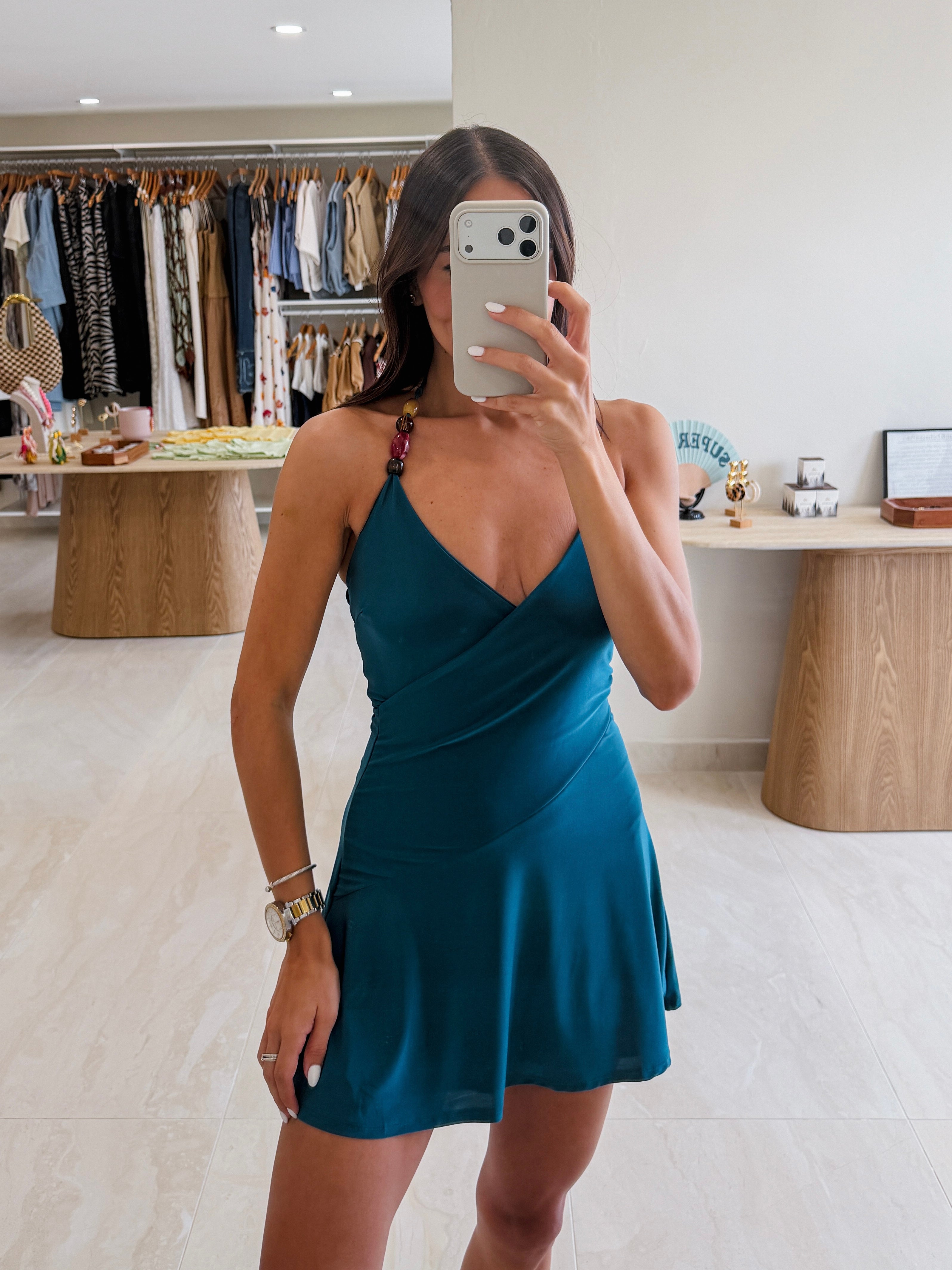 KATIANA TEAL SLINKY DRESS WITH BEAD DETAIL