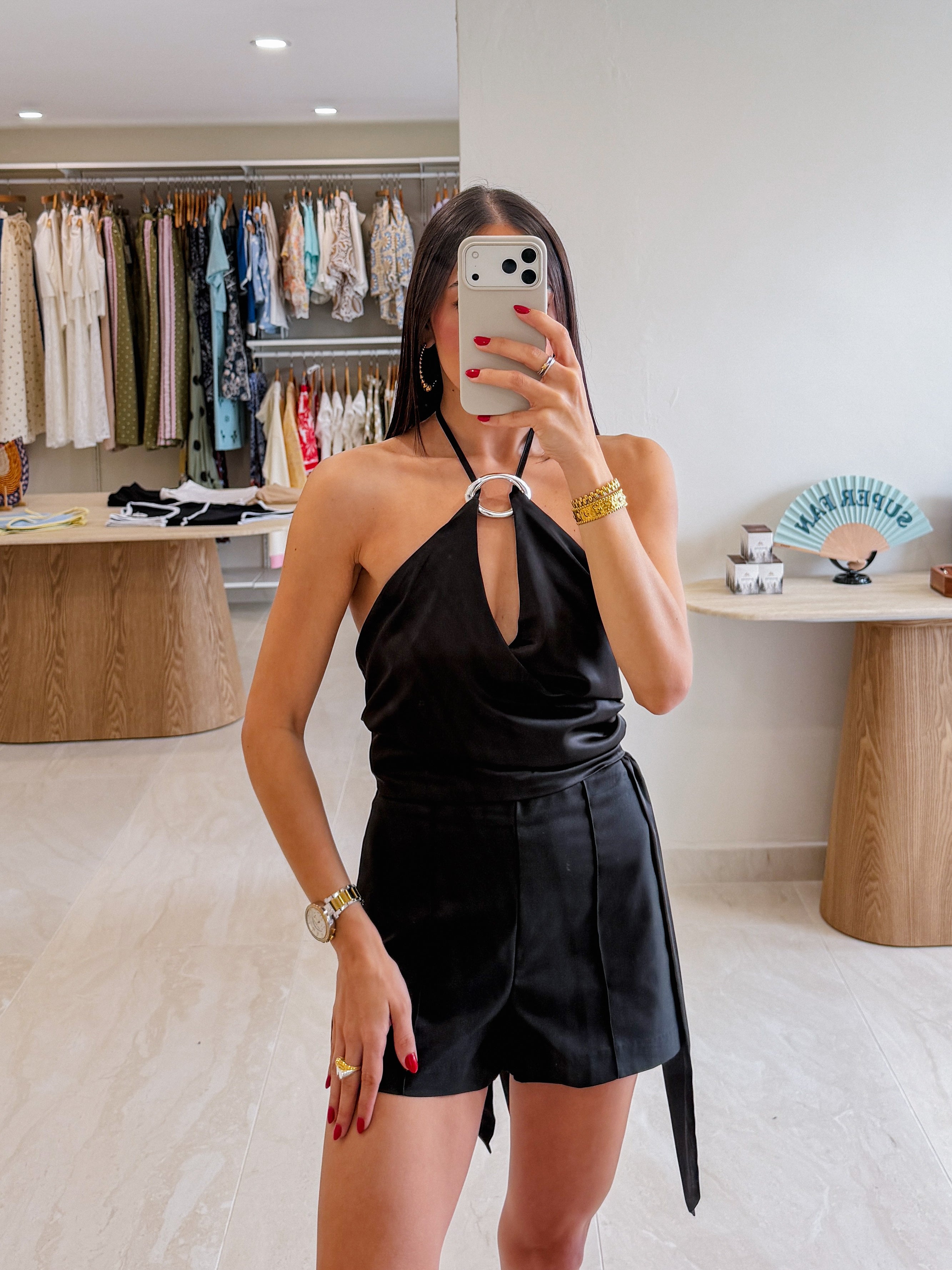 SUSANA BLACK ASSYMETRICAL TOP WITH SILVER DETAIL