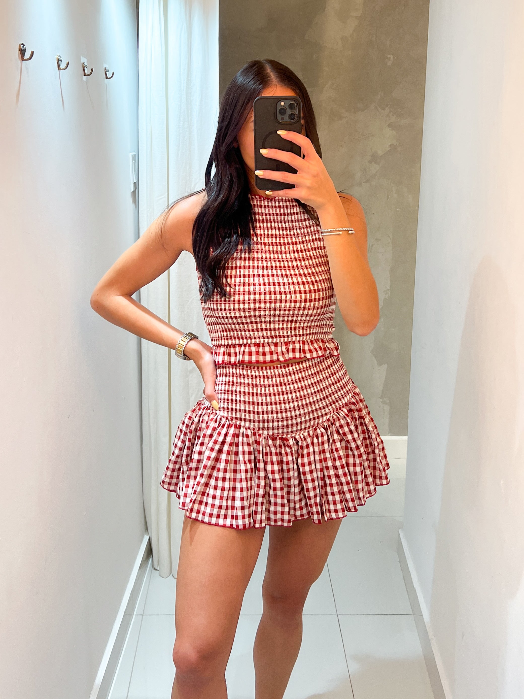 BLAIR SMOCKED CHECKER SKORT SET IN RED