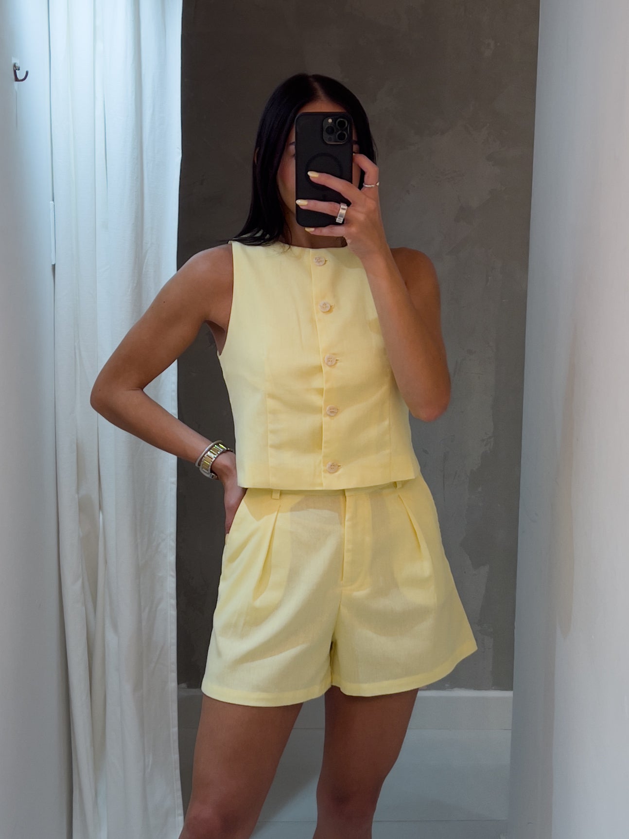 ADDIE BUTTER YELLOW LINEN VEST SHORTS SET