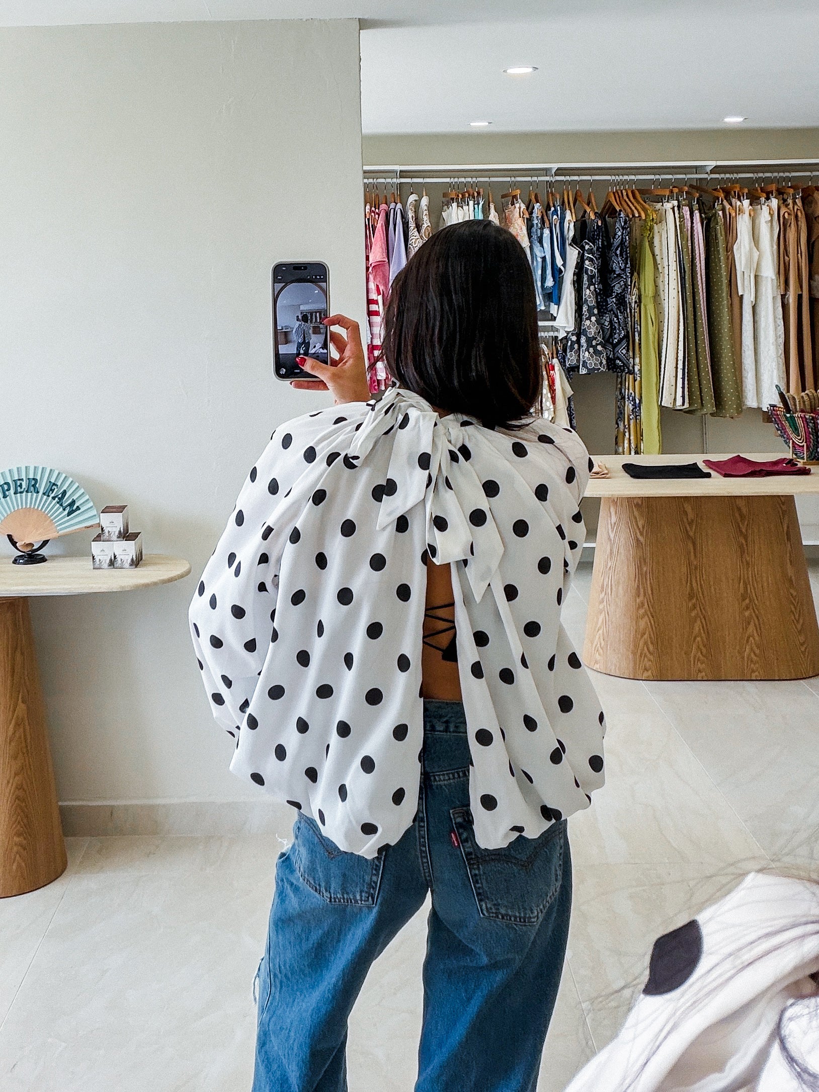 LUCY WHITE/BLACK OPEN BACK POLKA DOT BLOUSE