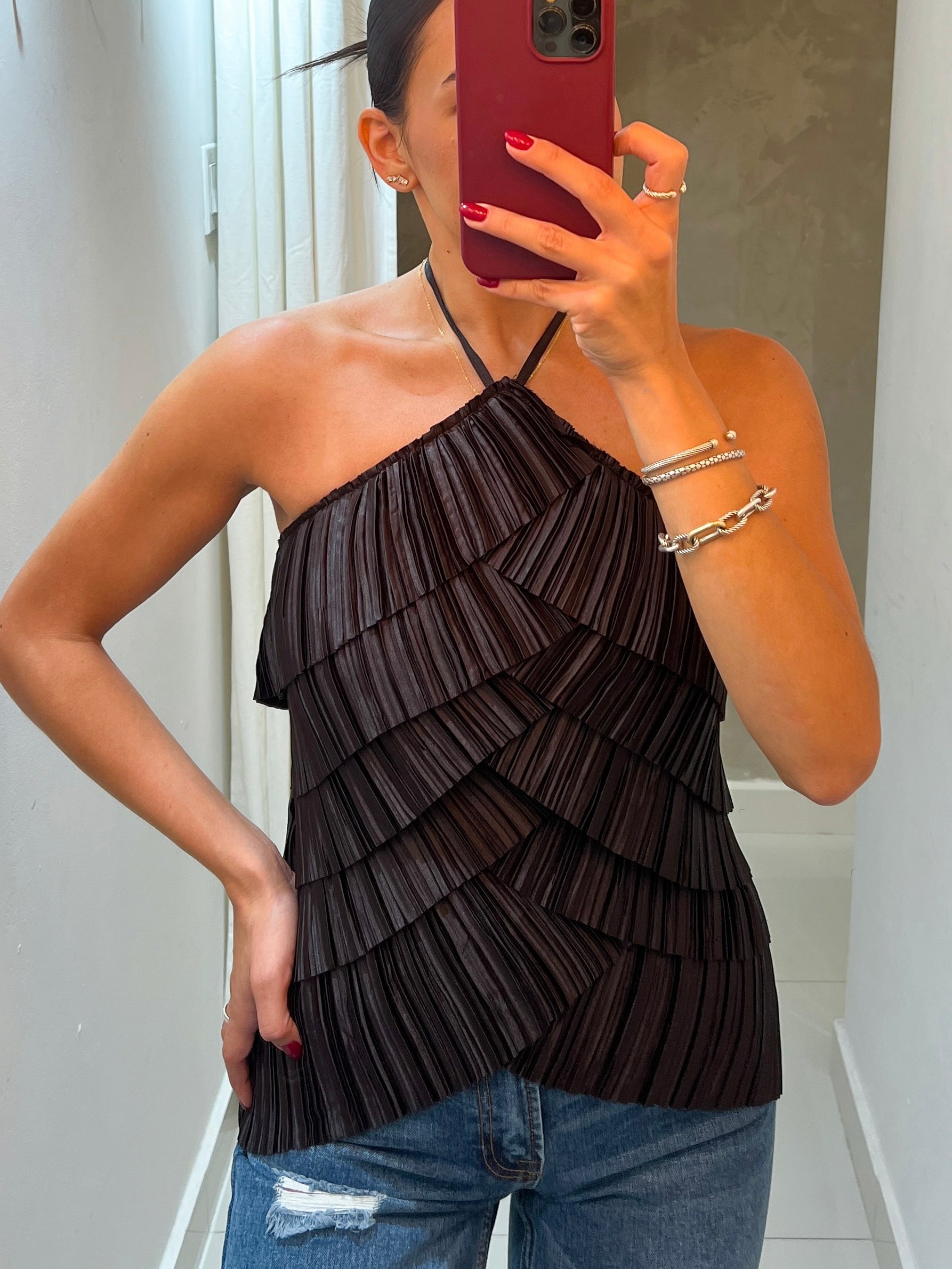 FABIANA PLEATED HALTER TOP IN BLACK