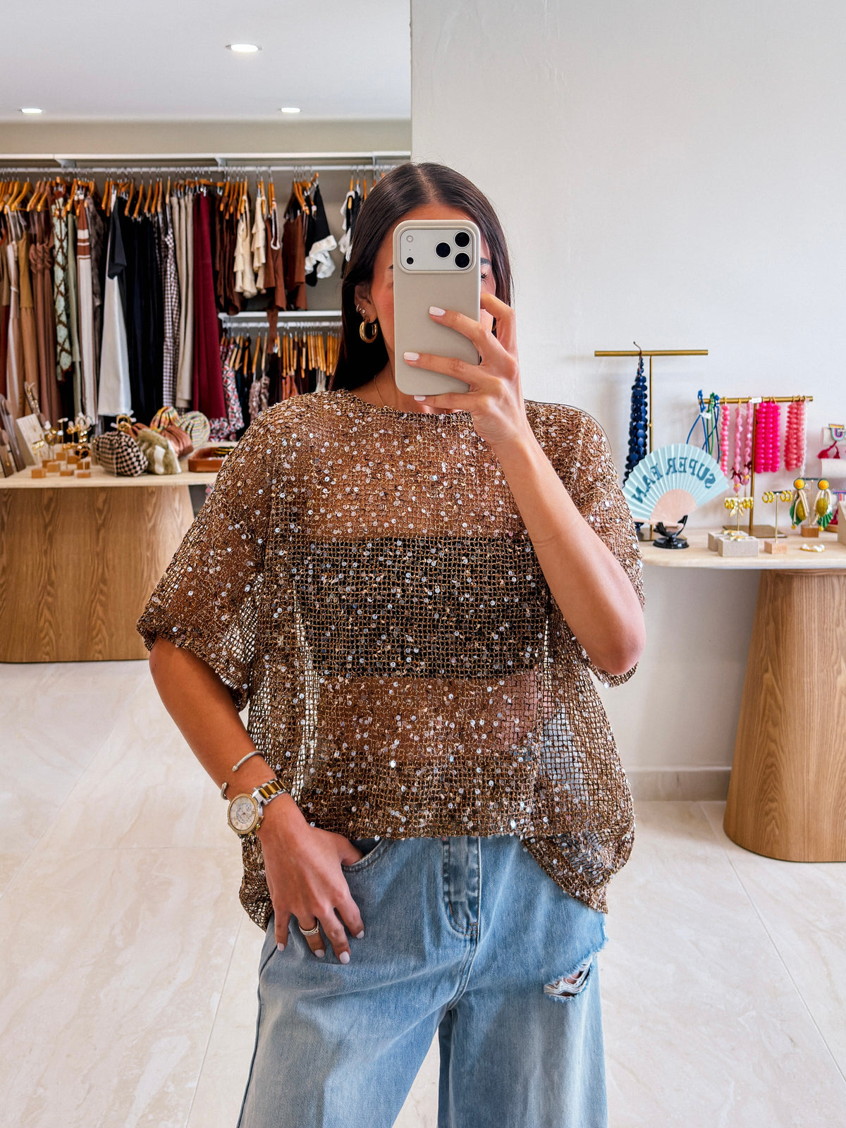 QUINN MOCHA SEQUIN MESH TOP