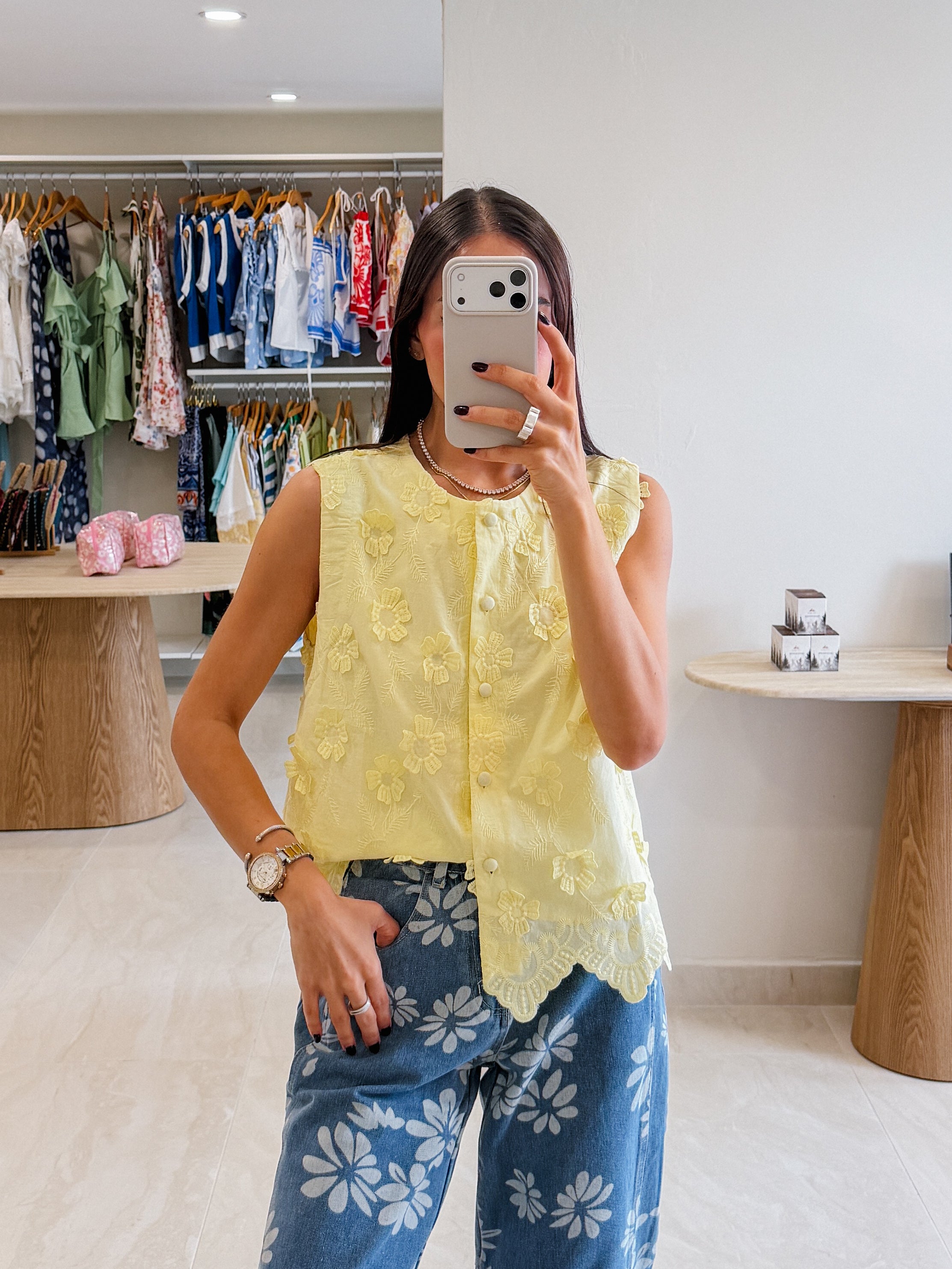 BECCA YELLOW EYELET FLOWER EMBROIDERY BLOUSE