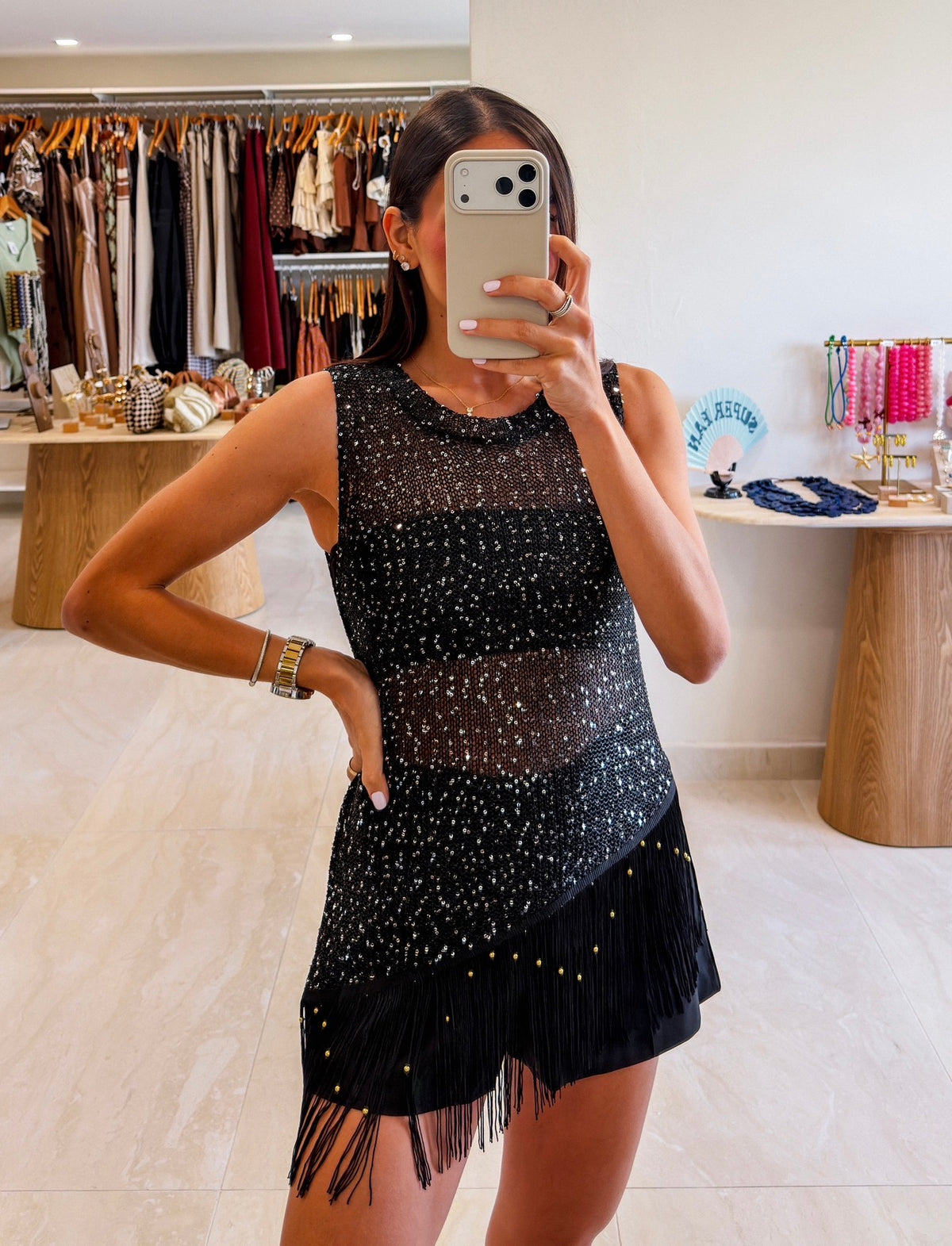 MILENA BLACK BEADED FRINGES SEQUINS KNIT TOP