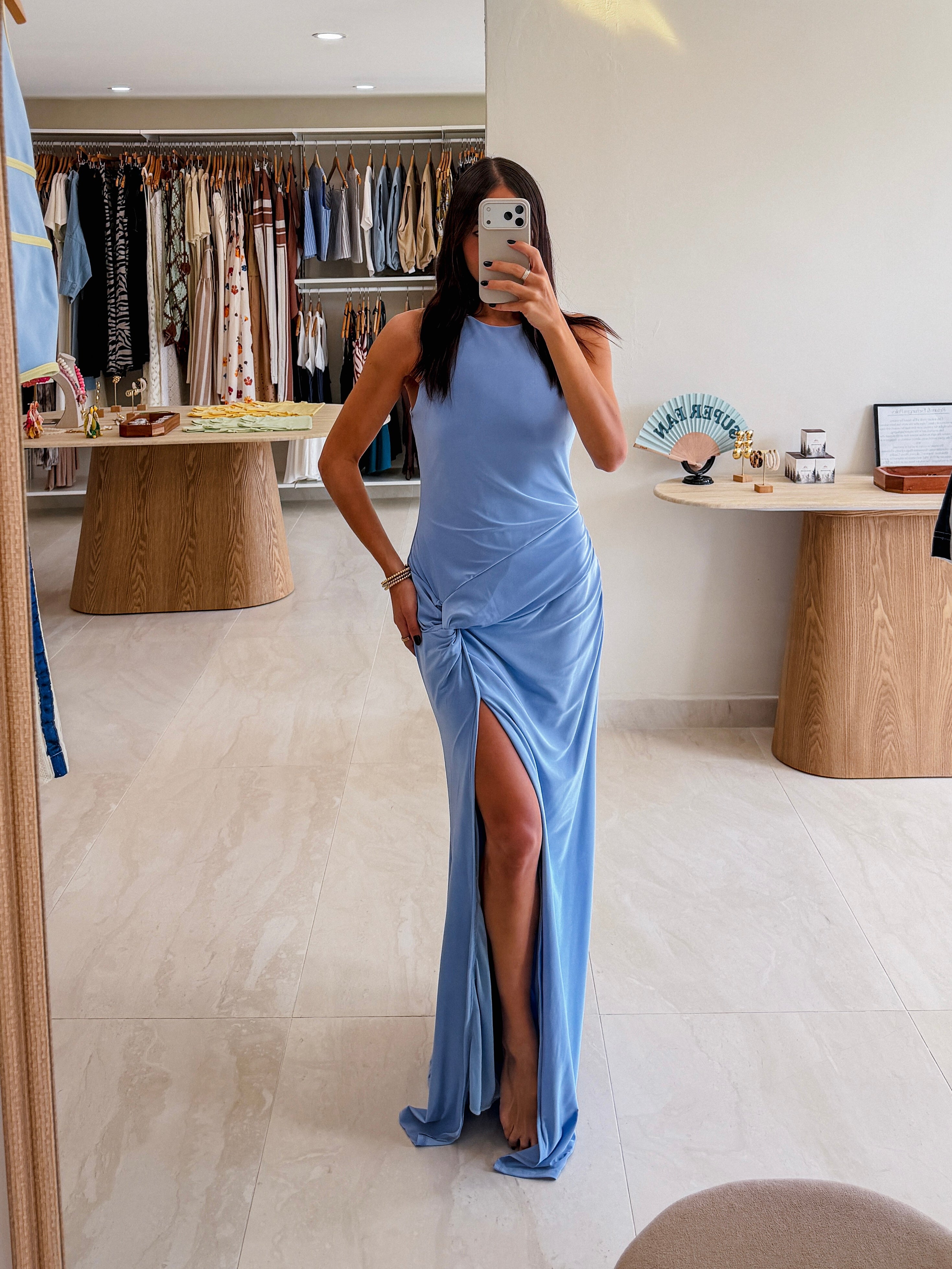 ZOE DUSTY BLUE SIDE SLIT GOWN