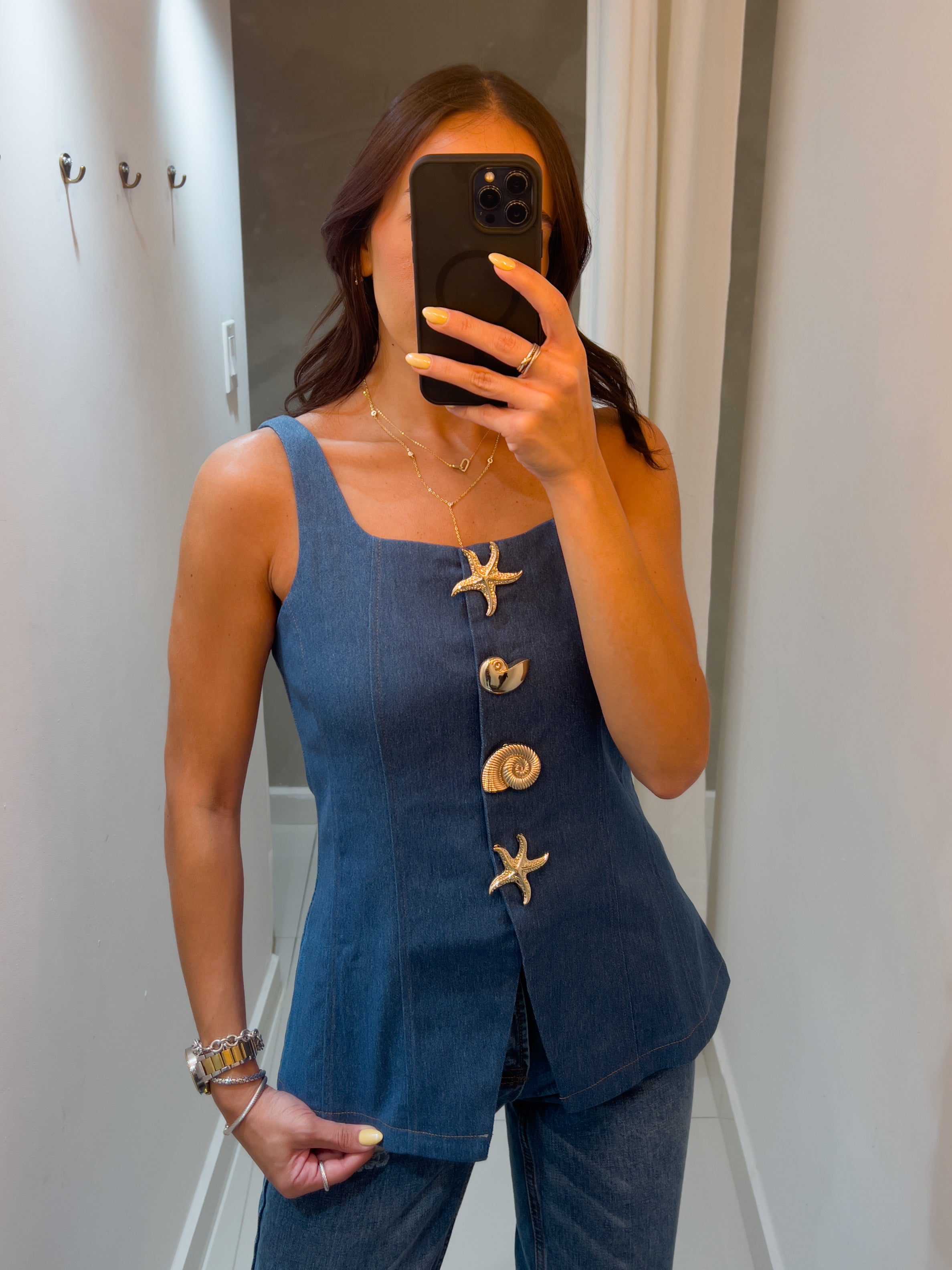 CLAUDE STATEMENT BUTTONS DENIM TOP