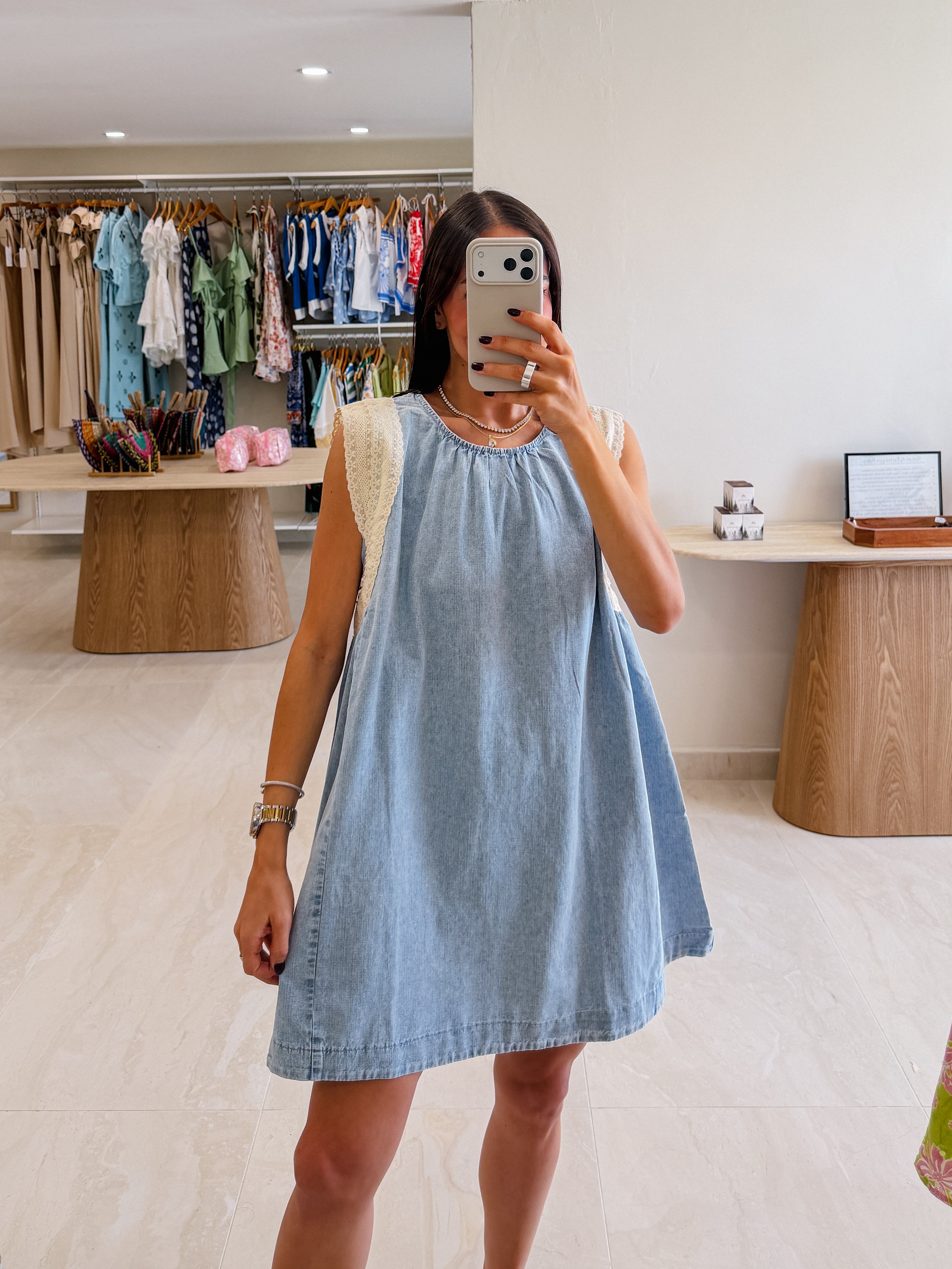 INES LIGHT DENIM LACE DETAIL MINI DRESS