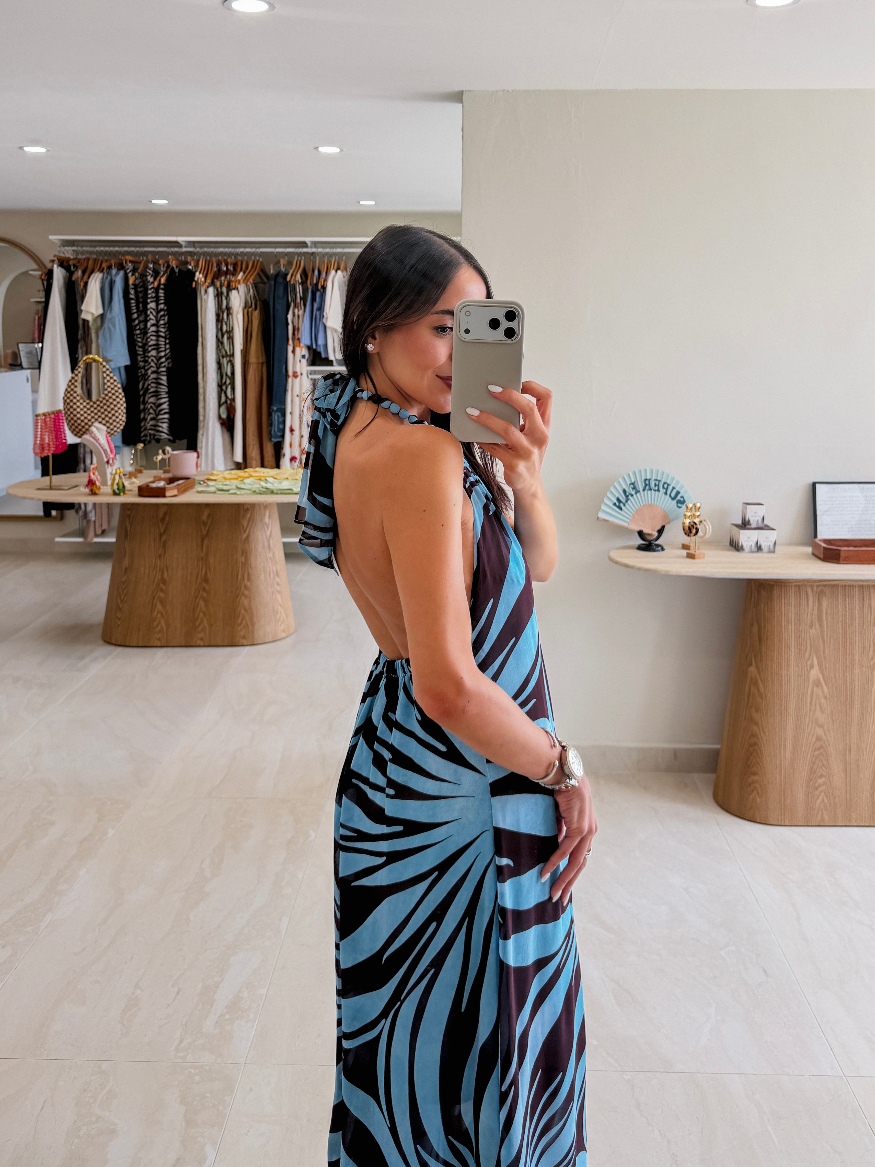 SELENA BLUE/BROWN PRINT MAXI WITH NECK DETAIL