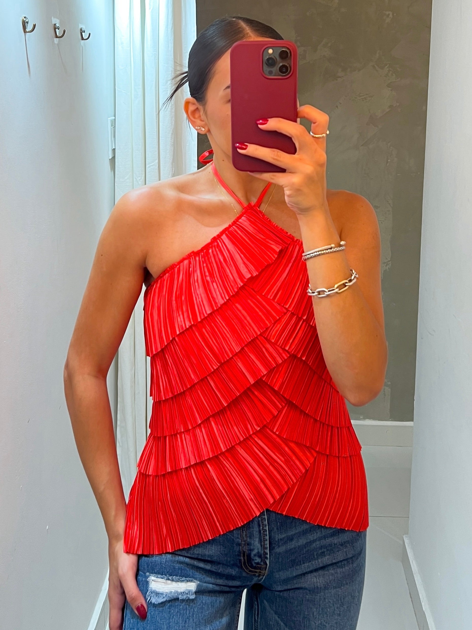 FABIANA PLEATED HALTER TOP IN RED