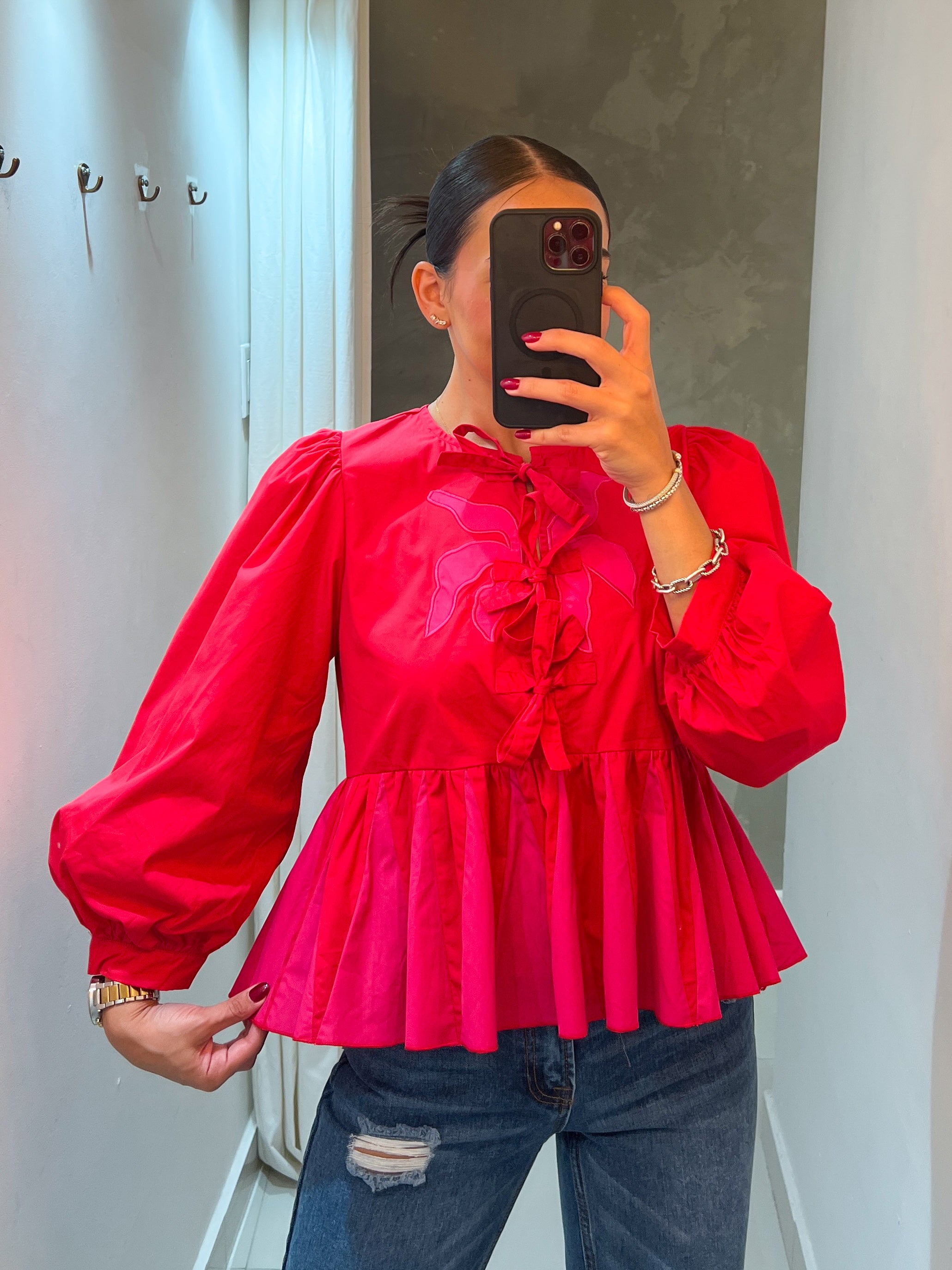CECILLE COLOR BLOCK RED/FUCHSIA BLOUSE
