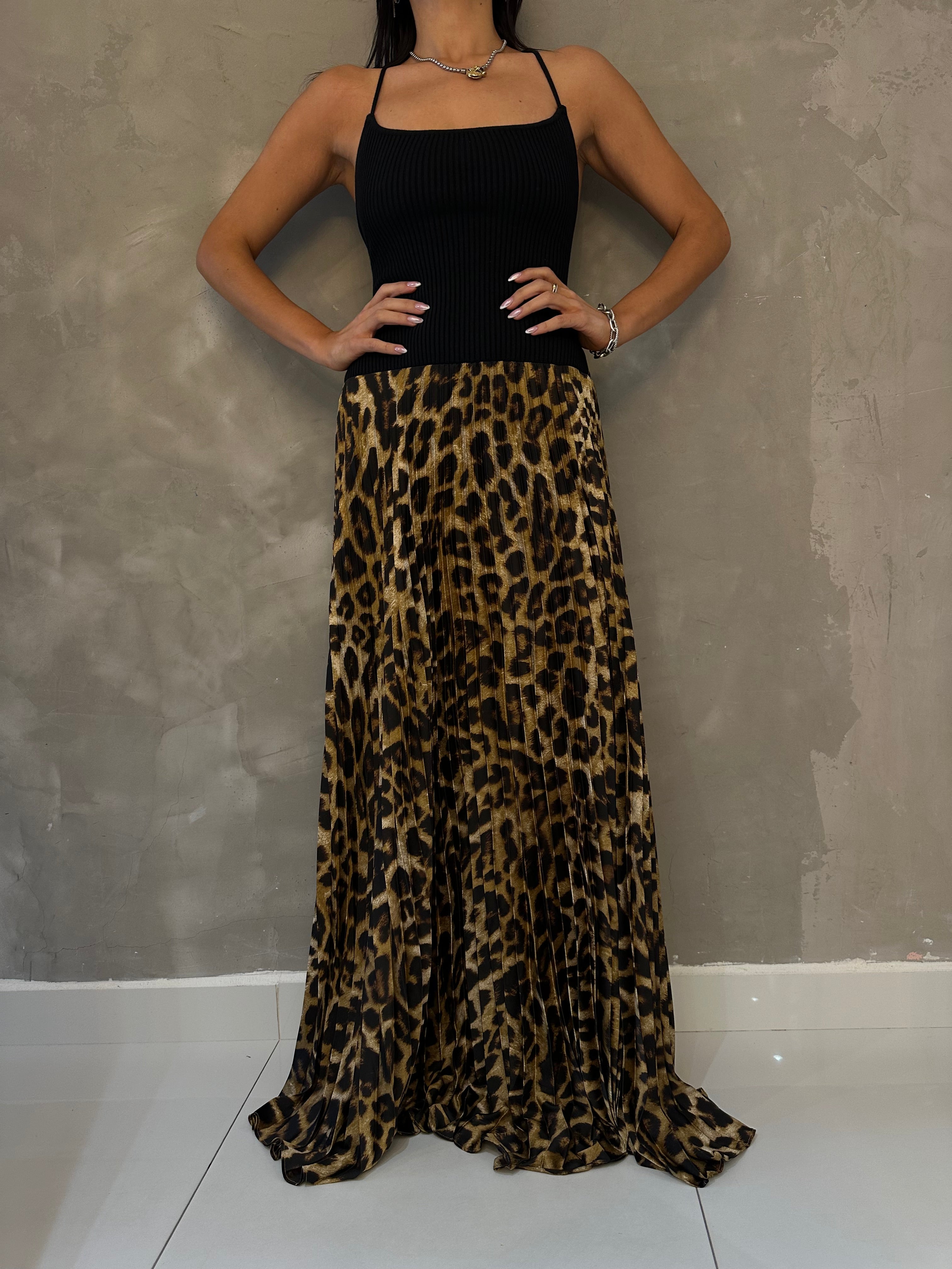 CELINE ACCORDION PLEATED ANIMAL PRINT MAXI DRESS