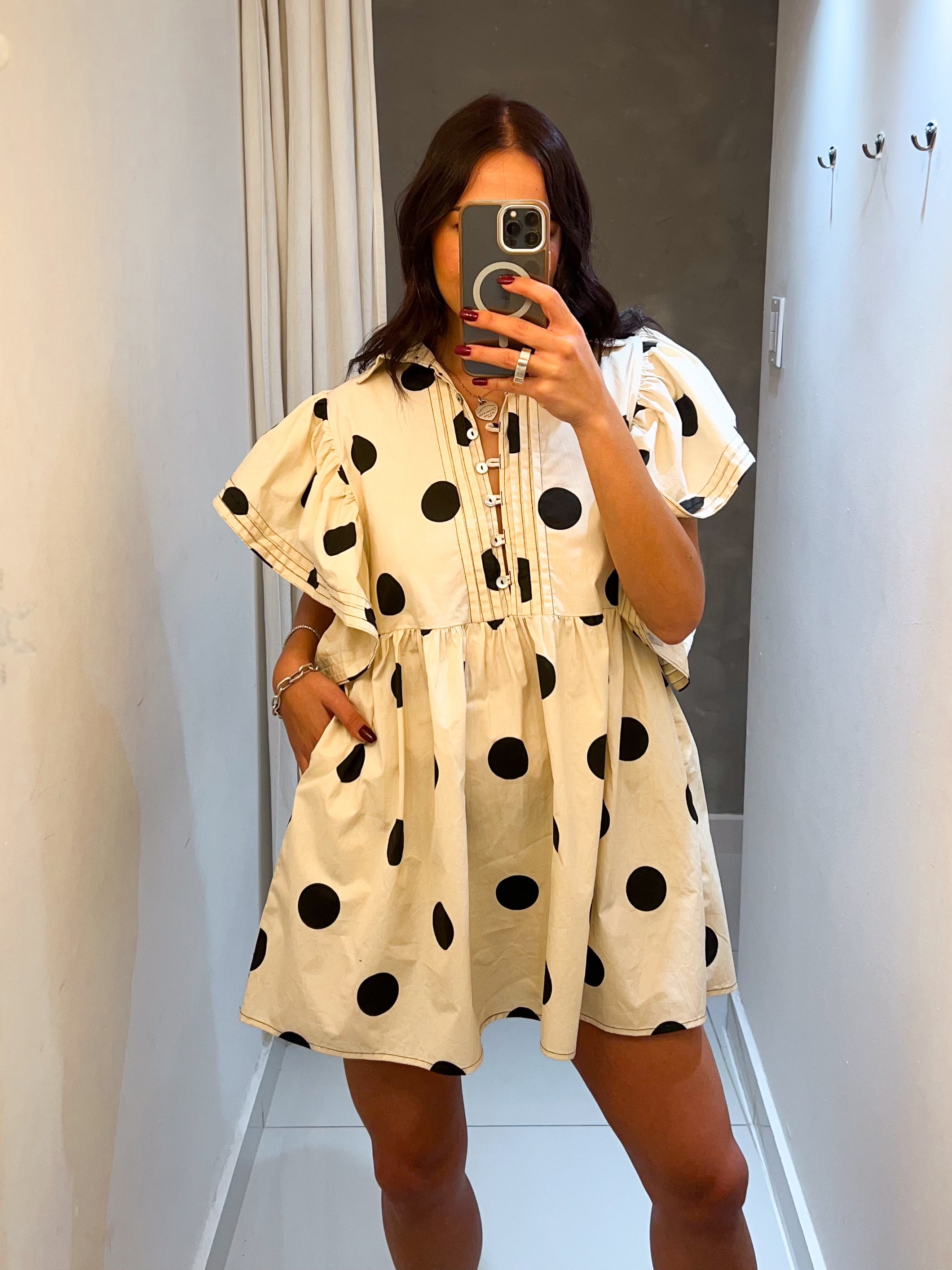 STEFFI RUFFLE SLEEVE POLKA DOT MINI DRESS