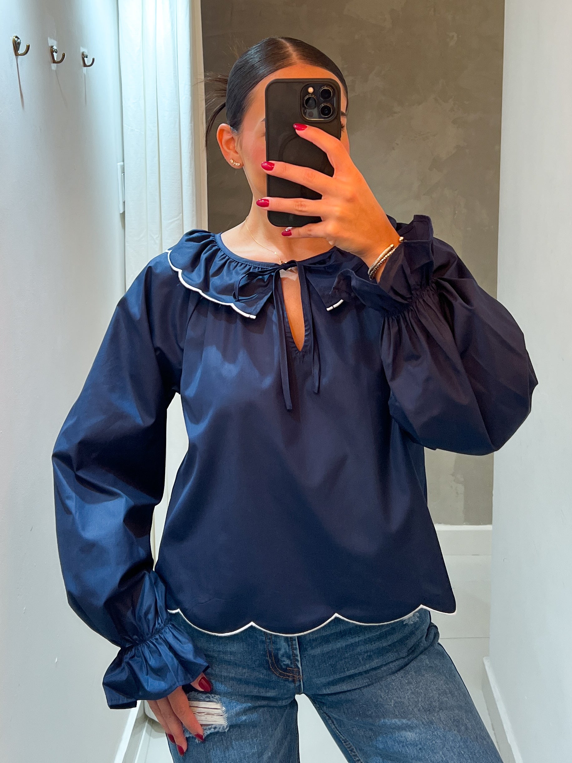 VALERIE SCALLOPED NAVY BLOUSE