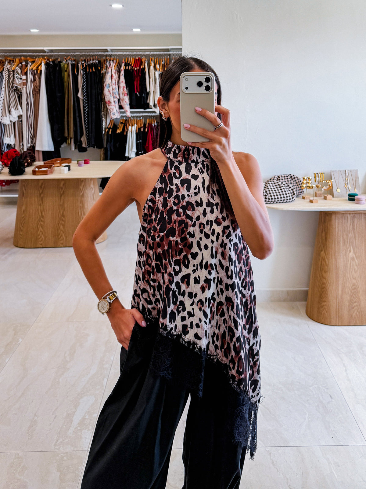 IVONNE COFFEE ANIMAL PRINT HALTER TOP