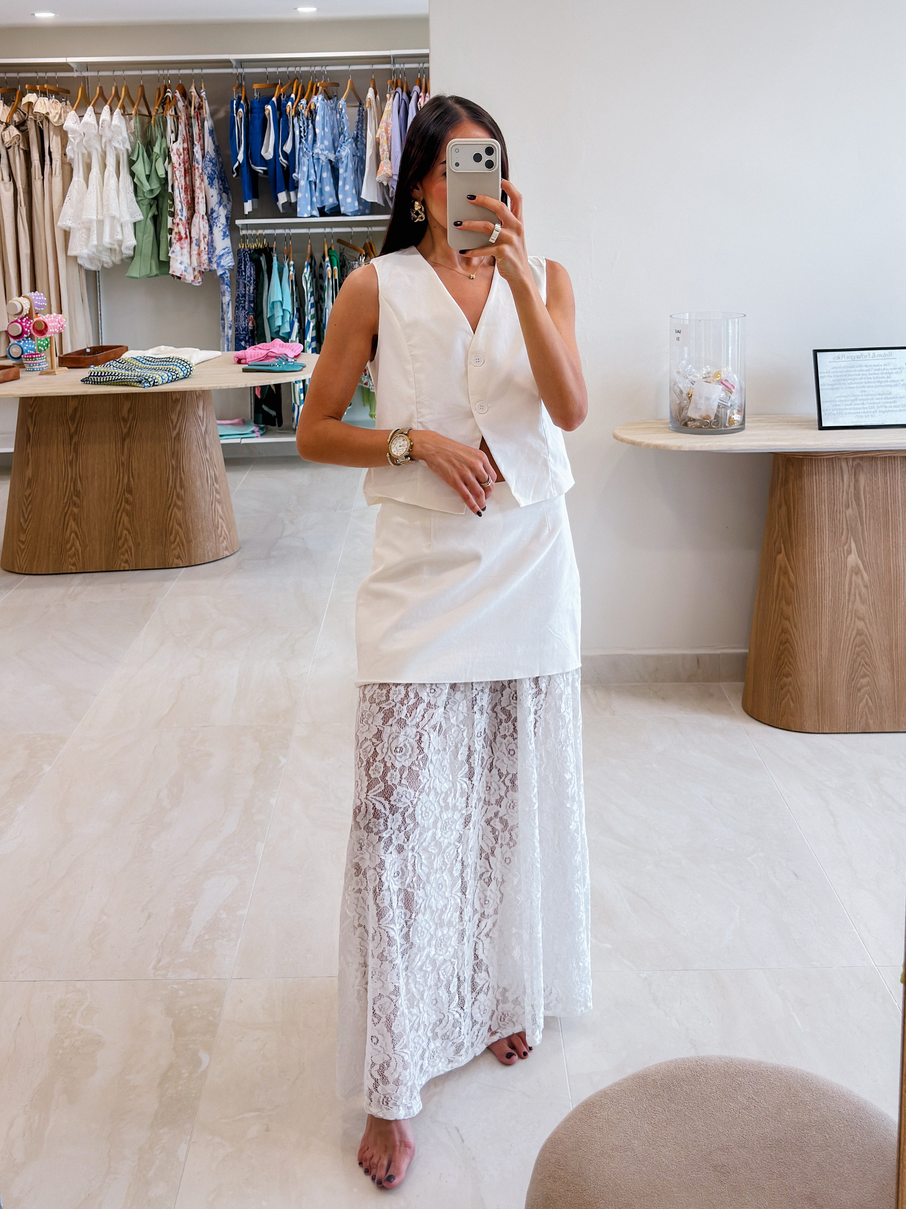 BELLA WHITE LACE VEST SKIRT SET