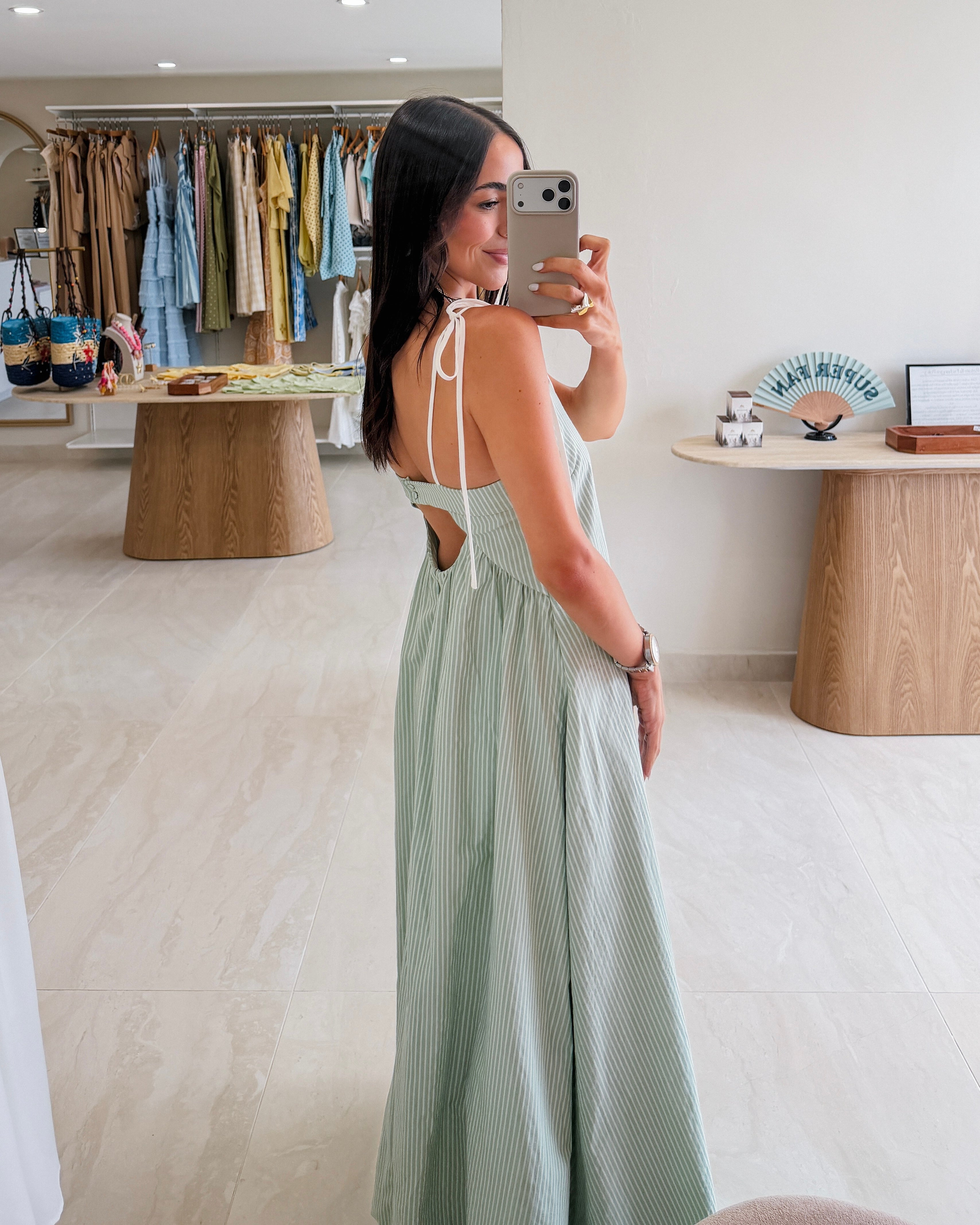 SLEEVELESS STRIPES MINT OPEN BACK MAXI DRESS
