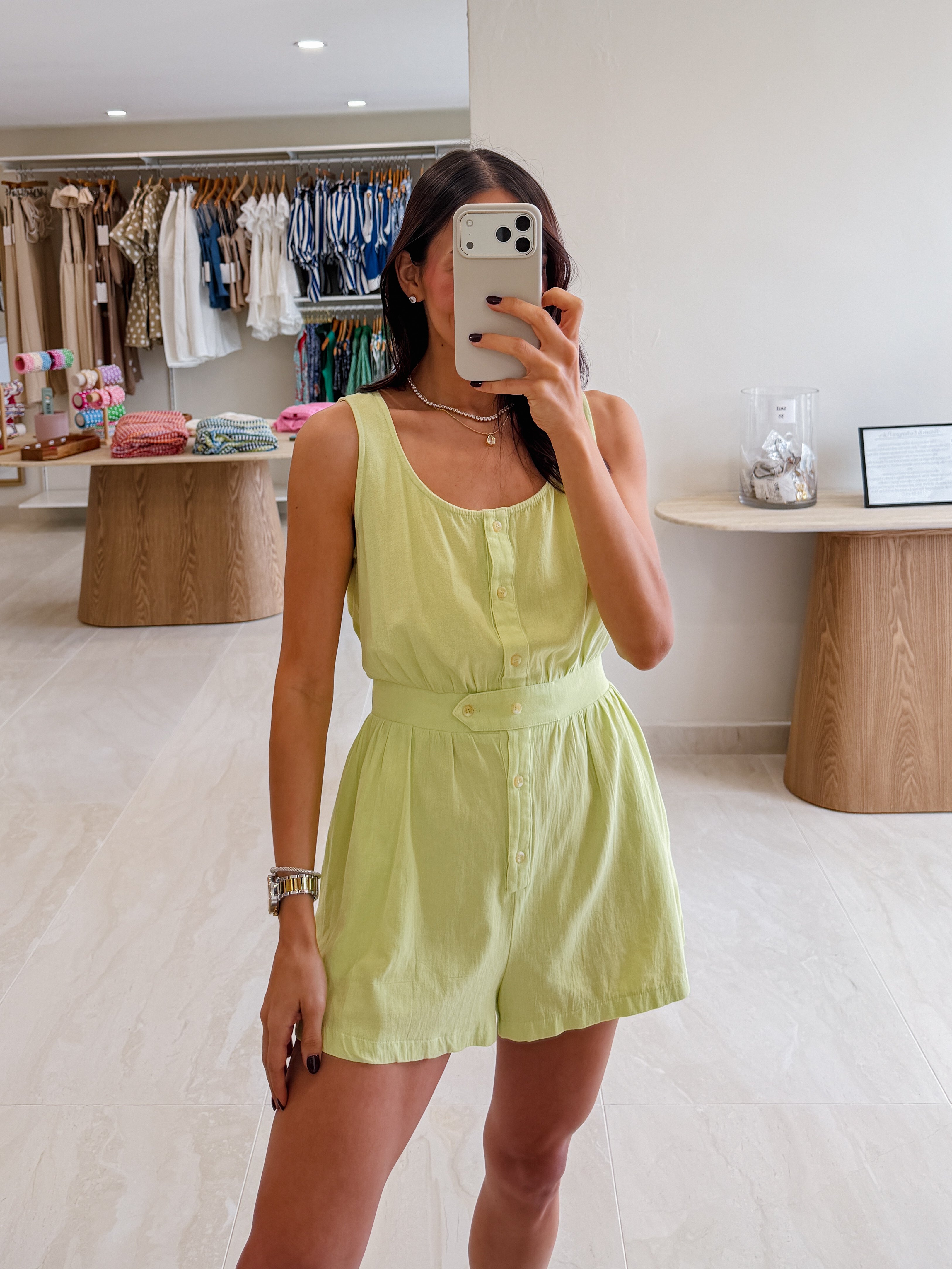 FARAH BUTTON FRONT ROMPER IN LIGHT LIME