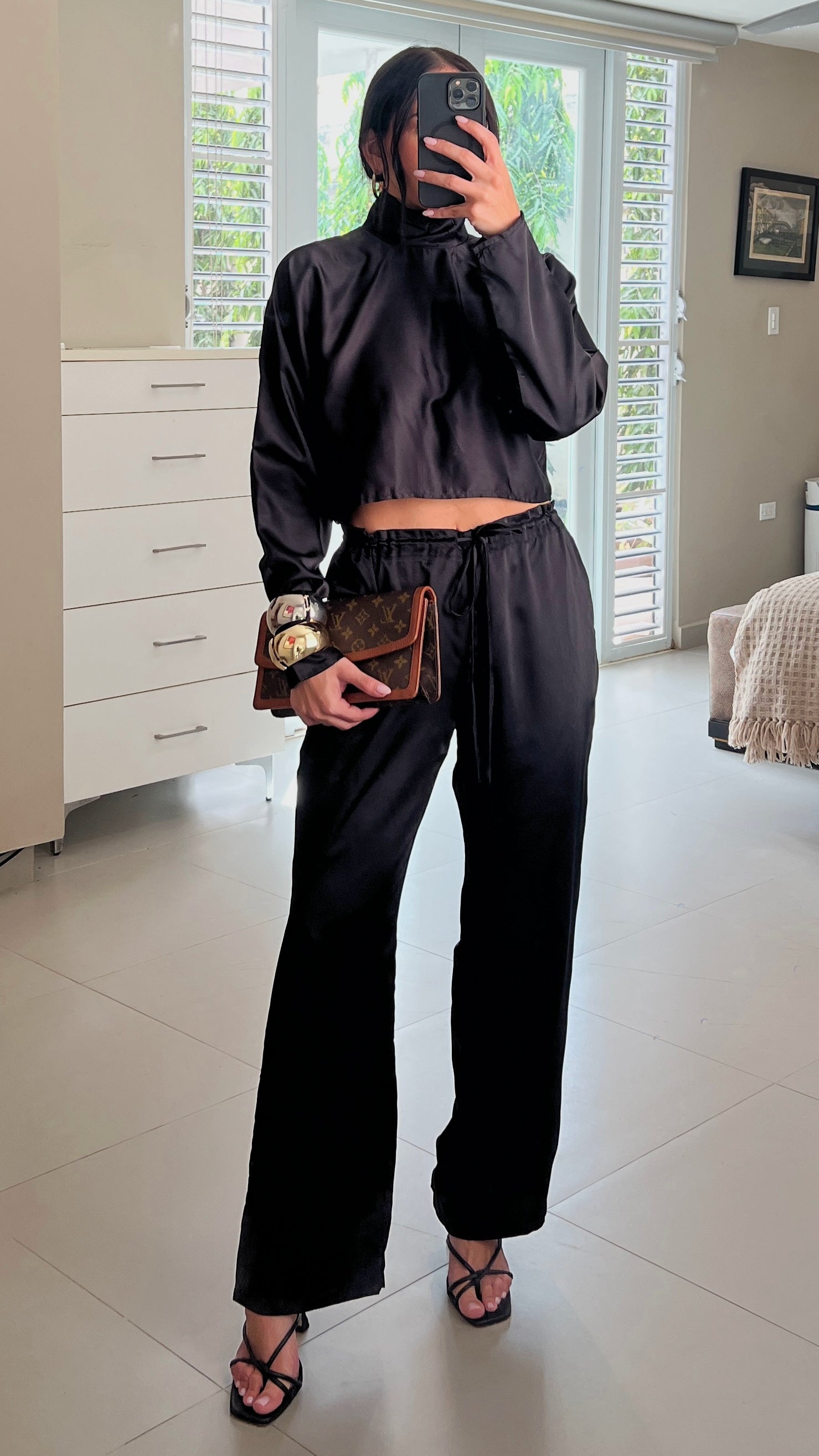 IRINA HIGH NECK SATIN CROP TOP WITH PANTS SET IN BLACK