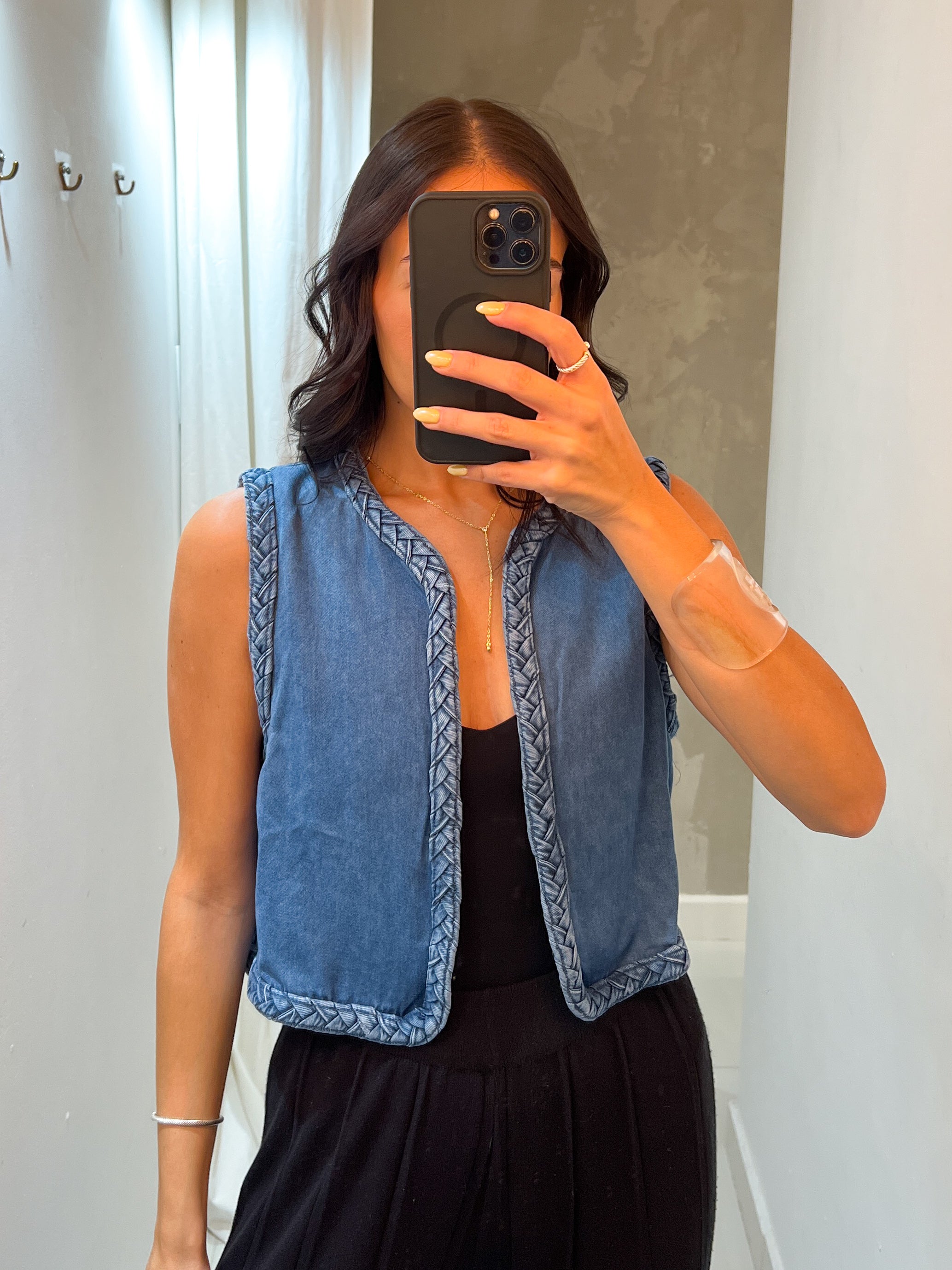 ELOUISE BRAIDED EDGES DENIM CROP VEST
