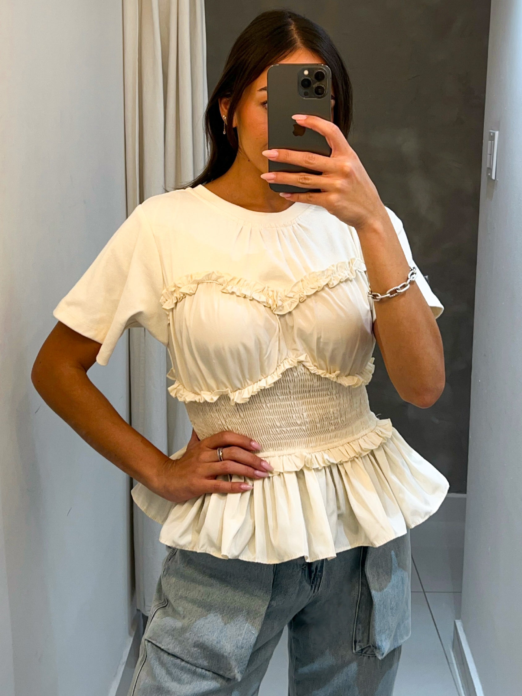 AMALIA RUFFLED BUSTIER TOP IN IVORY