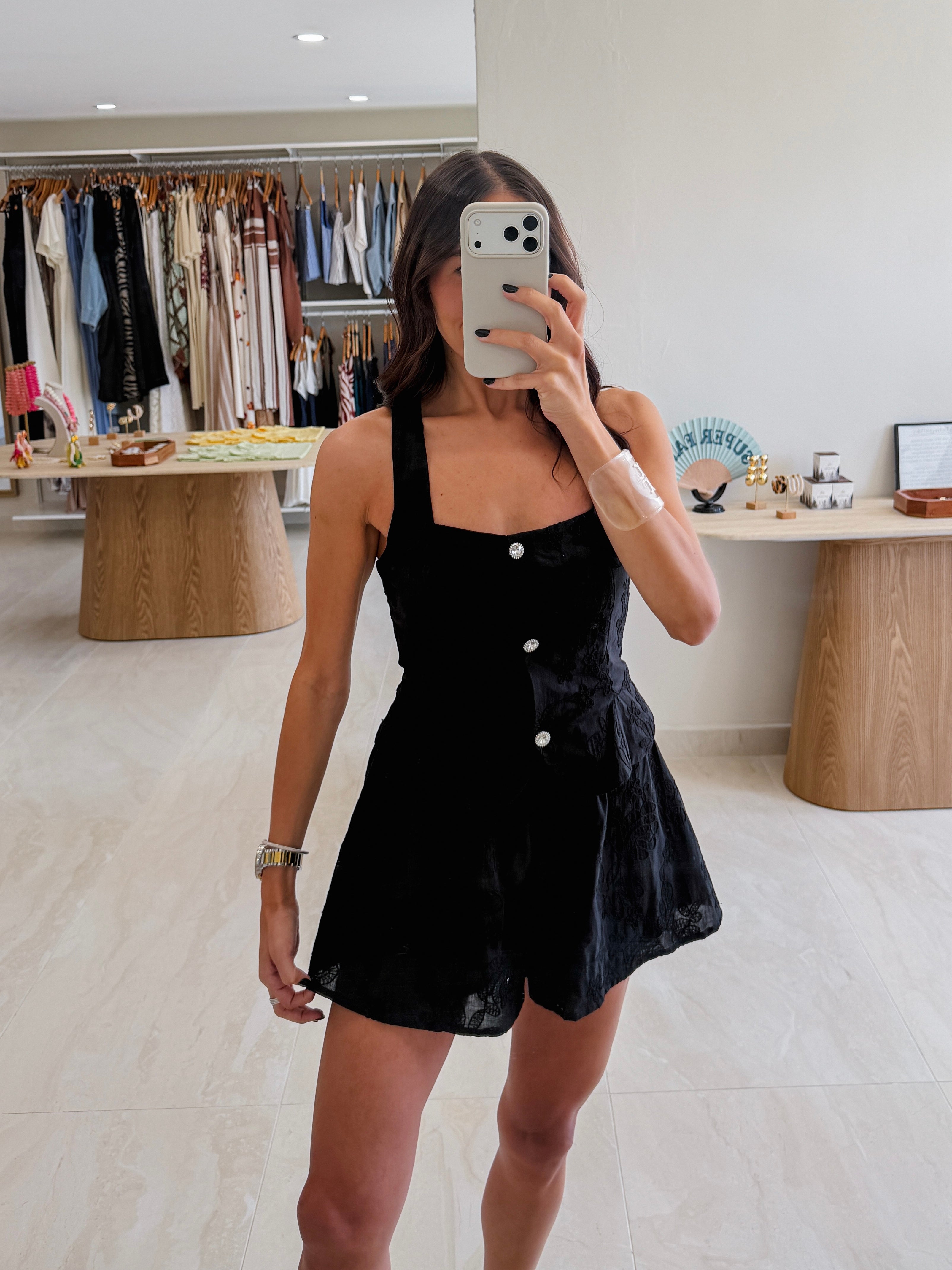 ELLE BLACK EYELET ROMPER WITH JEWEL BUTTONS