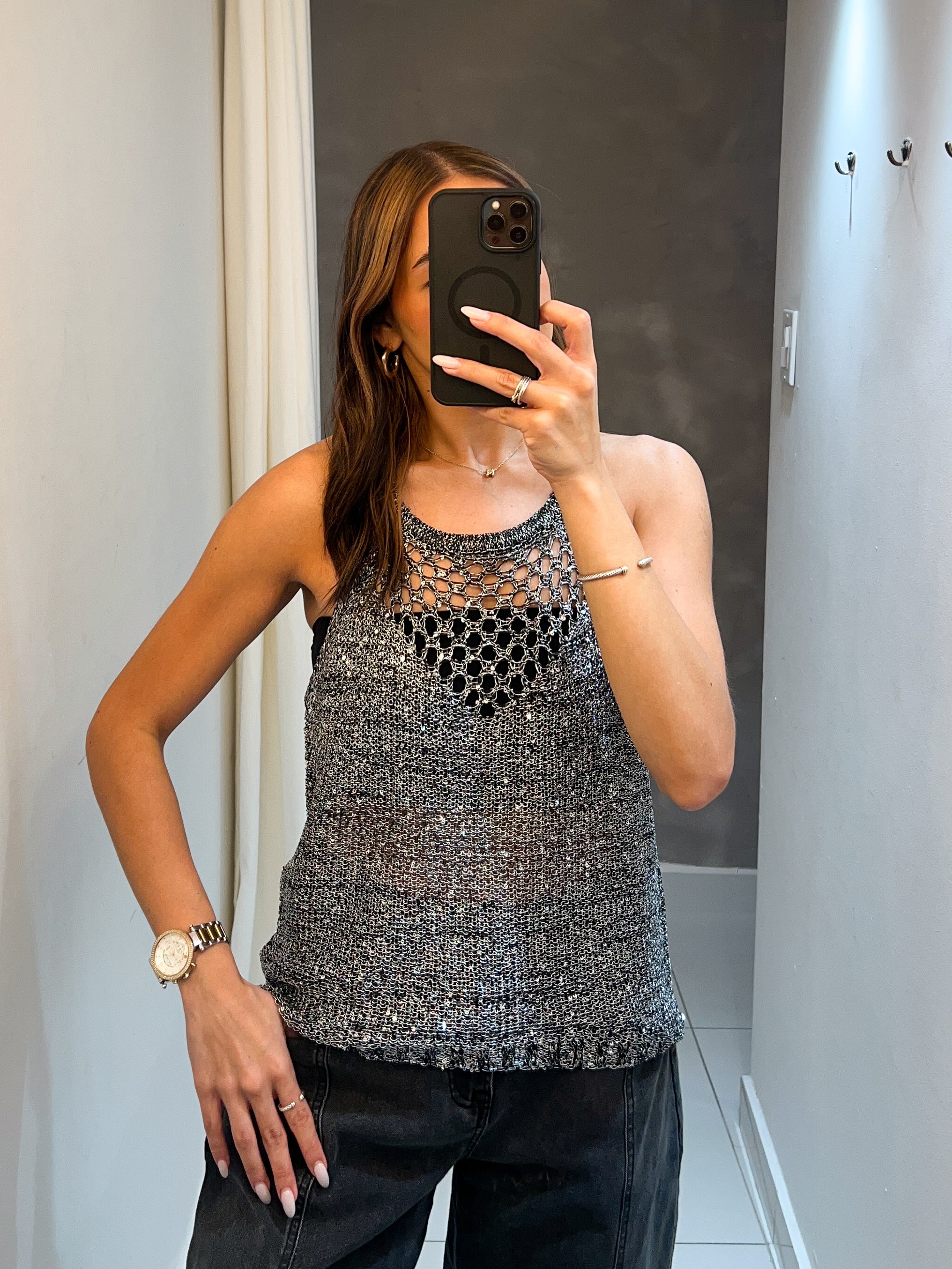 SOFIA KNIT SEQUINS TOP IN GUN METAL
