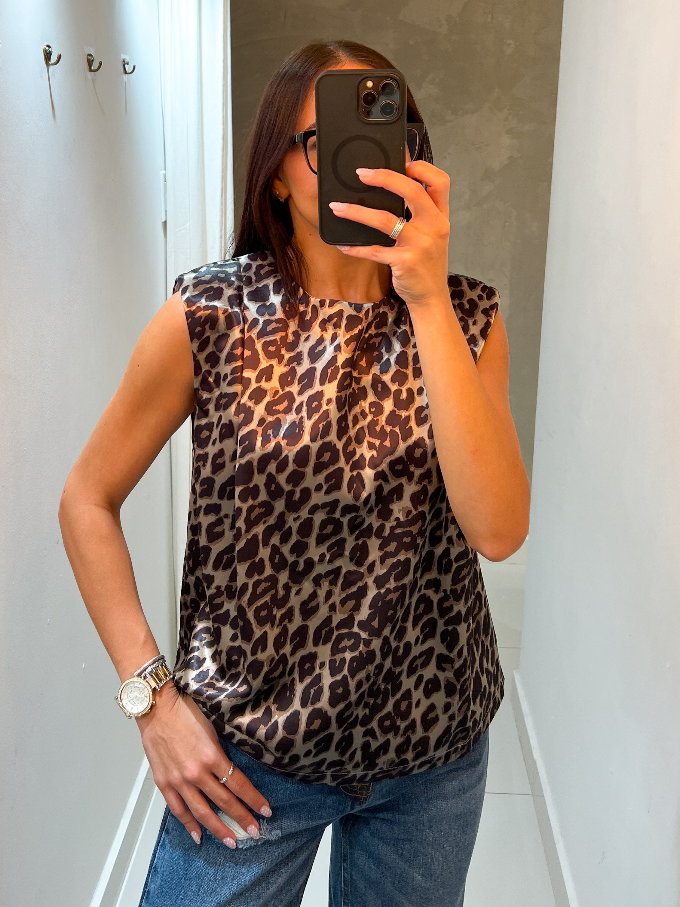 AMALIA ANIMAL PRINT SHOULDER PAD BLOUSE