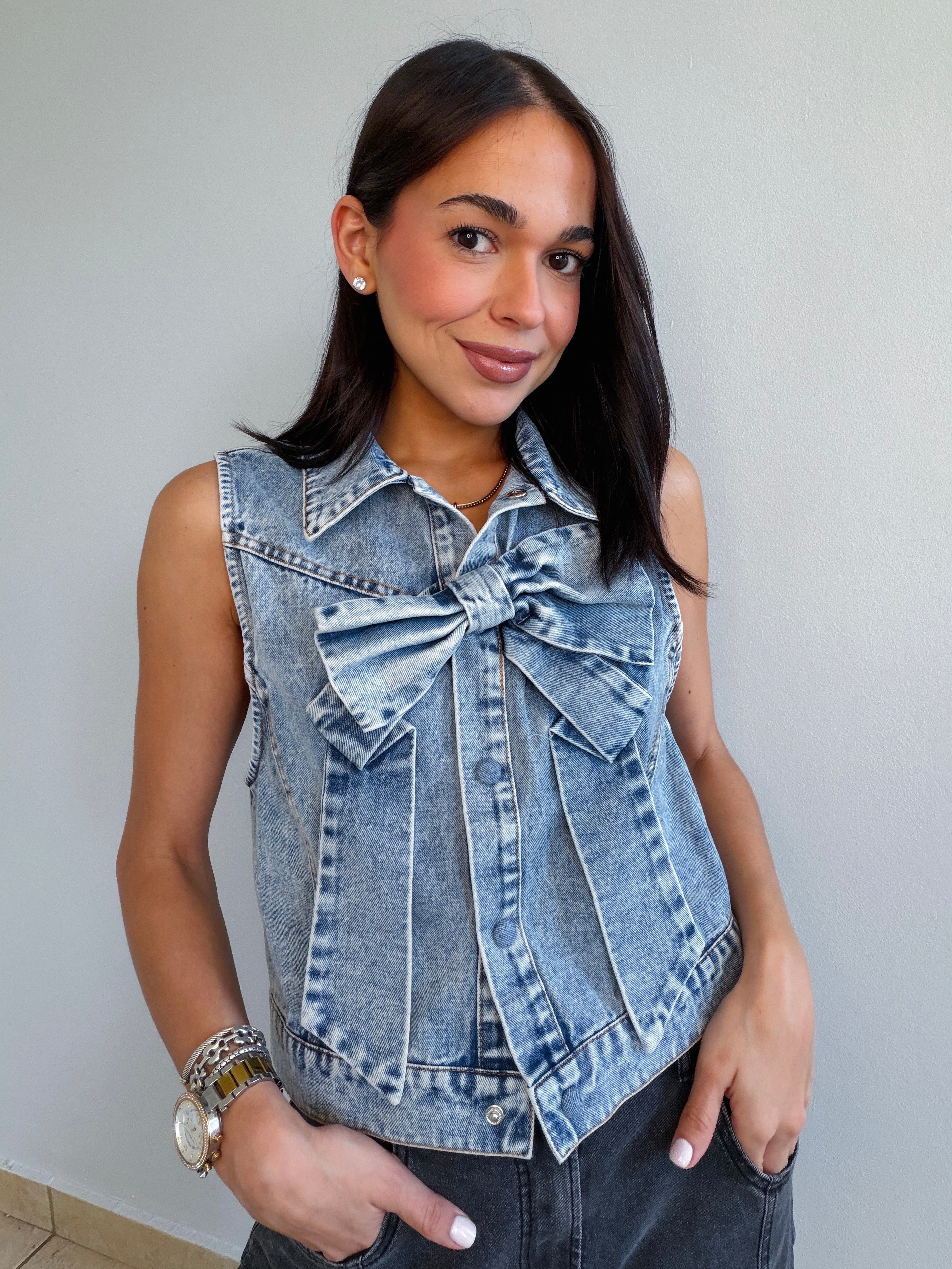 ARALINA DENIM VEST TOP WITH ACCENT BOW