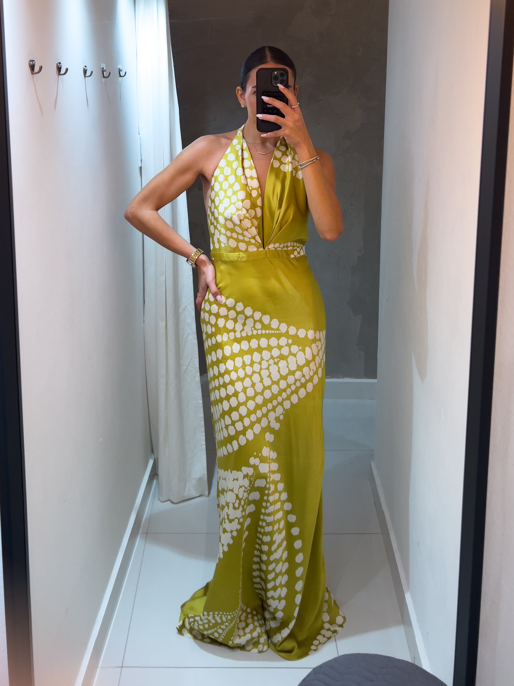 ANTONELLA HALTER SATIN MOSS GREEN MAXI