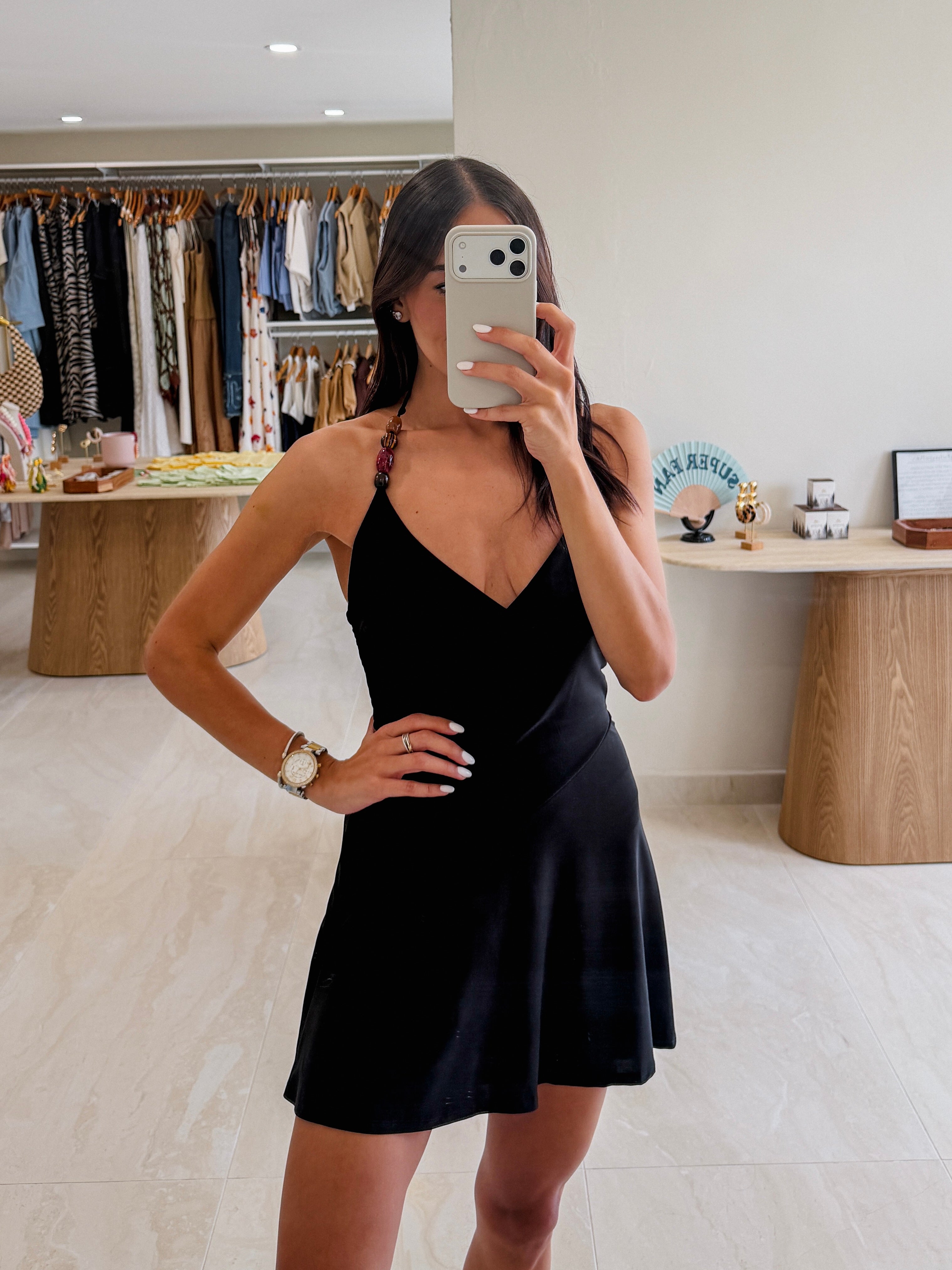 KATIANA BLACK SLINKY DRESS WITH BEAD DETAIL