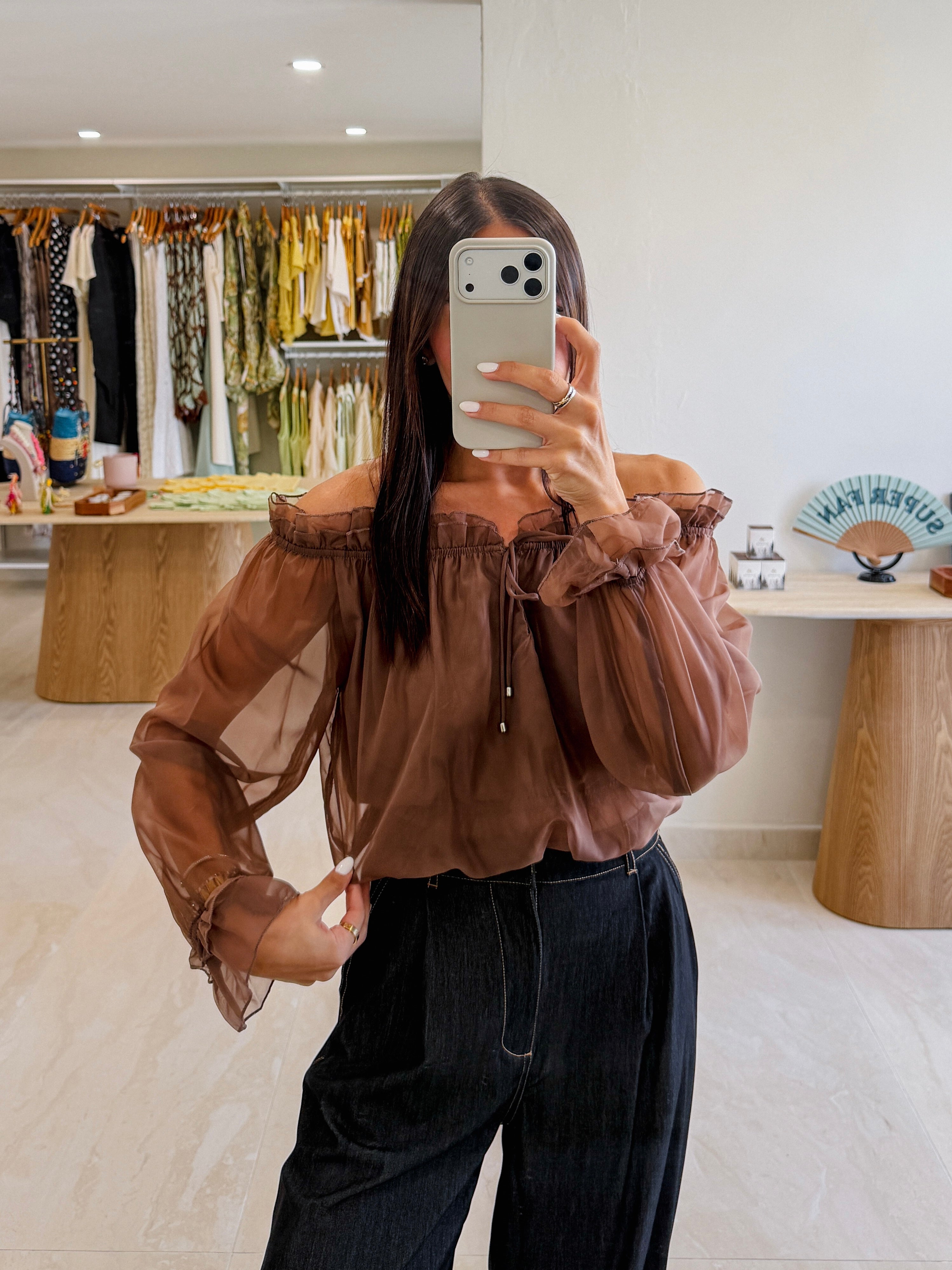 KIMBERLY MOCHA RUFFLE BLOUSE