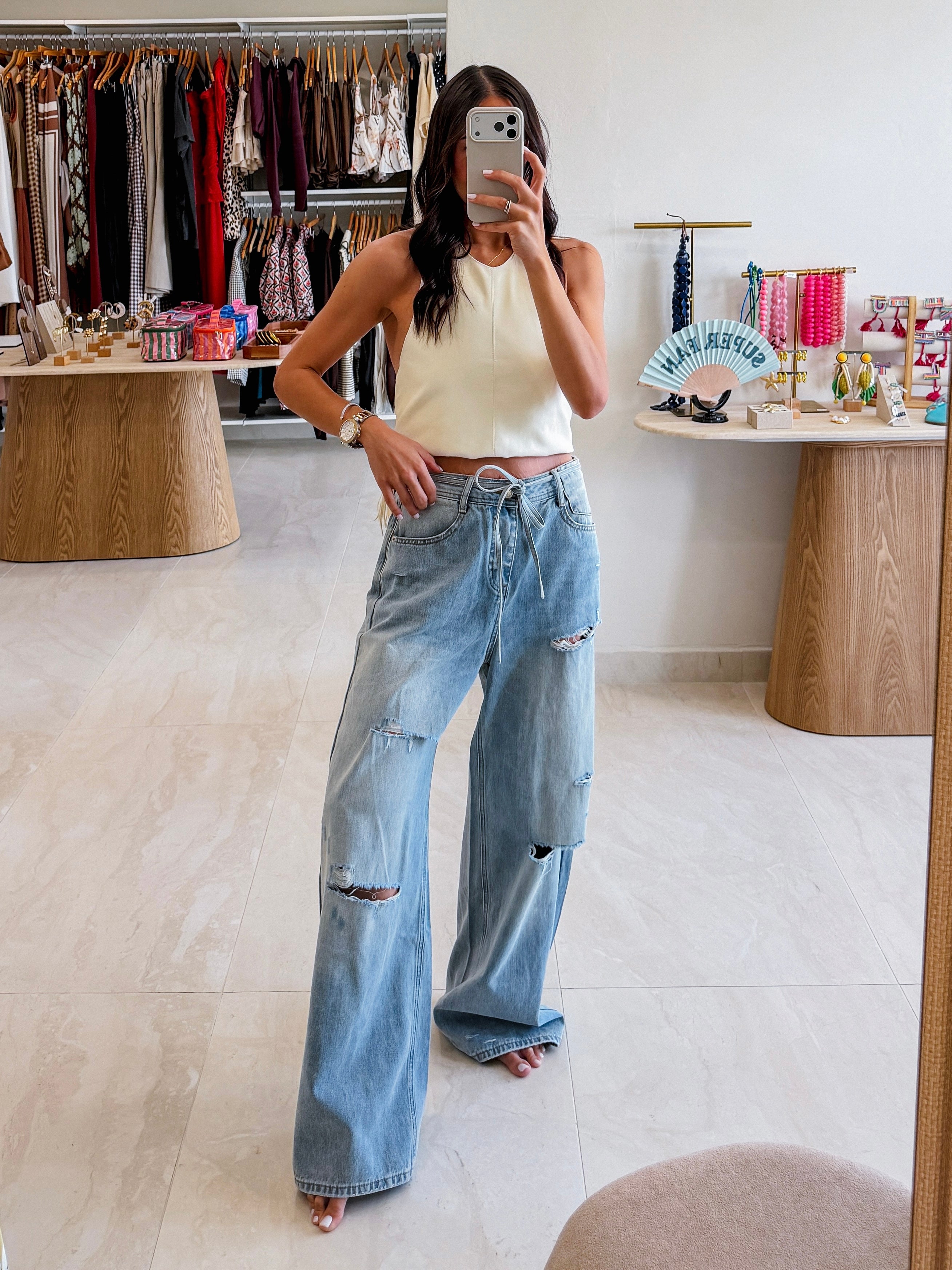 SARAHI DISTRESSED LIGHT DENIM JEANS