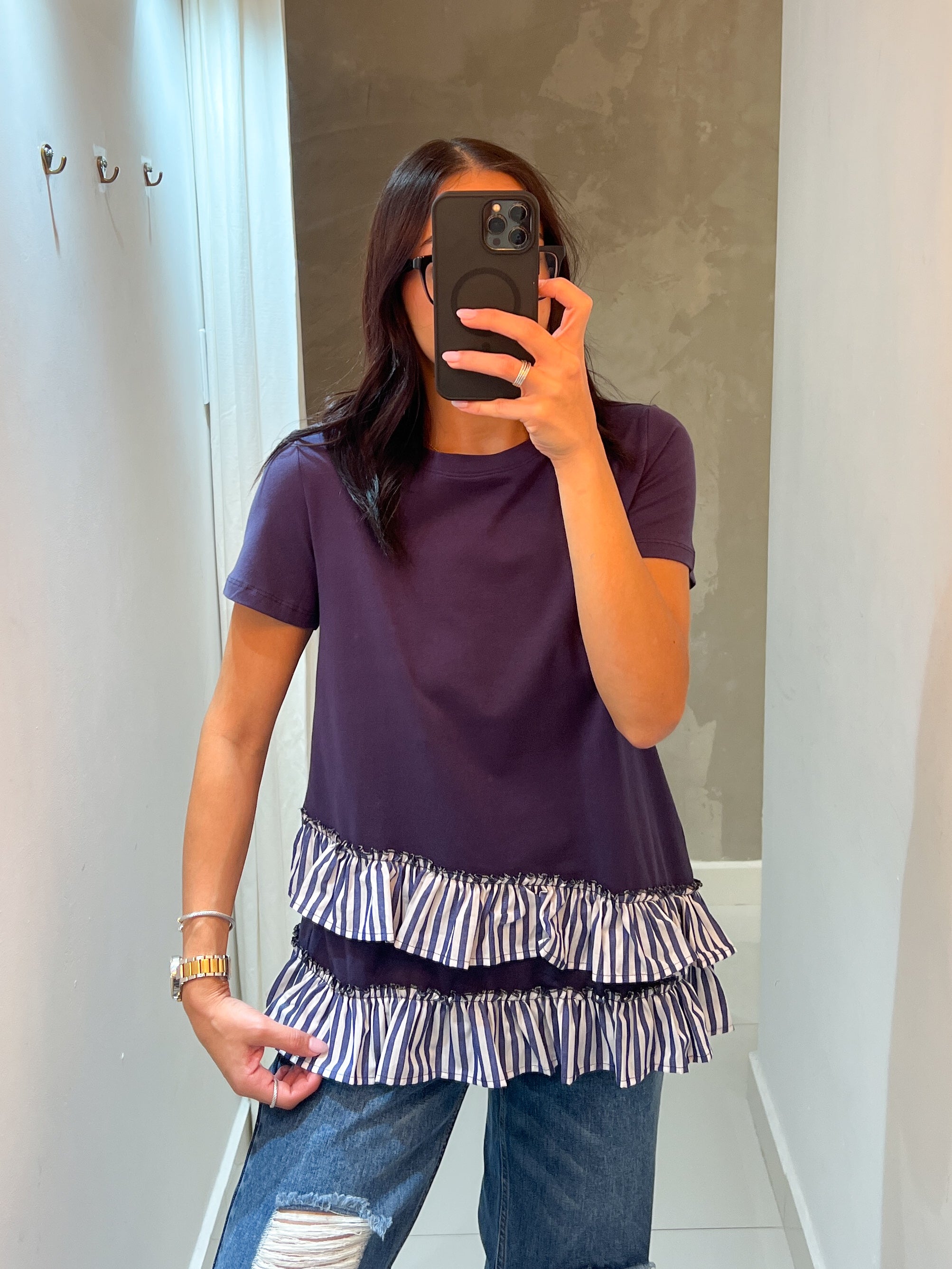 CLAUDIA TEE WITH STRIPED RUFFLE HEM