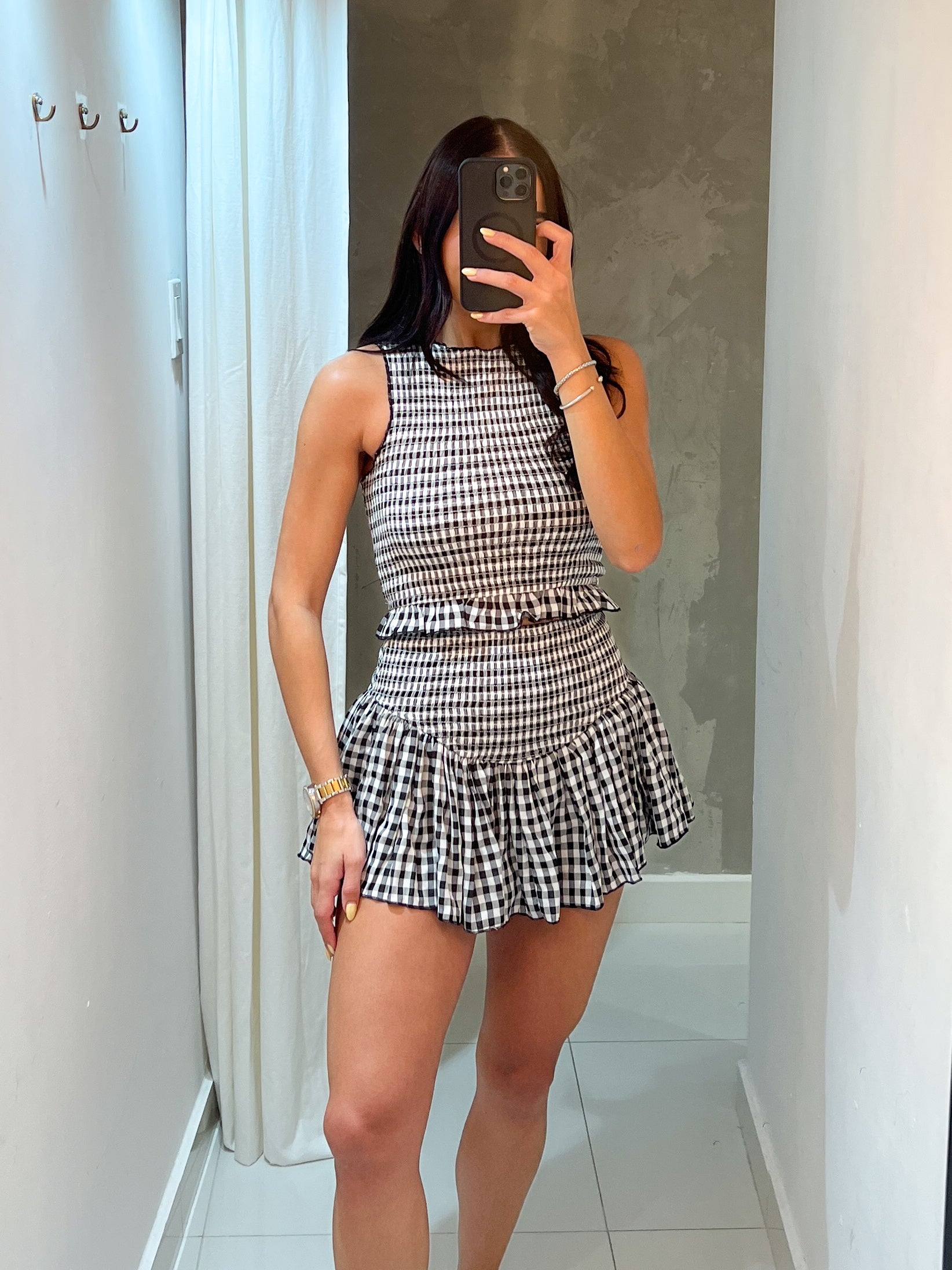 BLAIR SMOCKED CHECKER SKORT SET IN BLACK