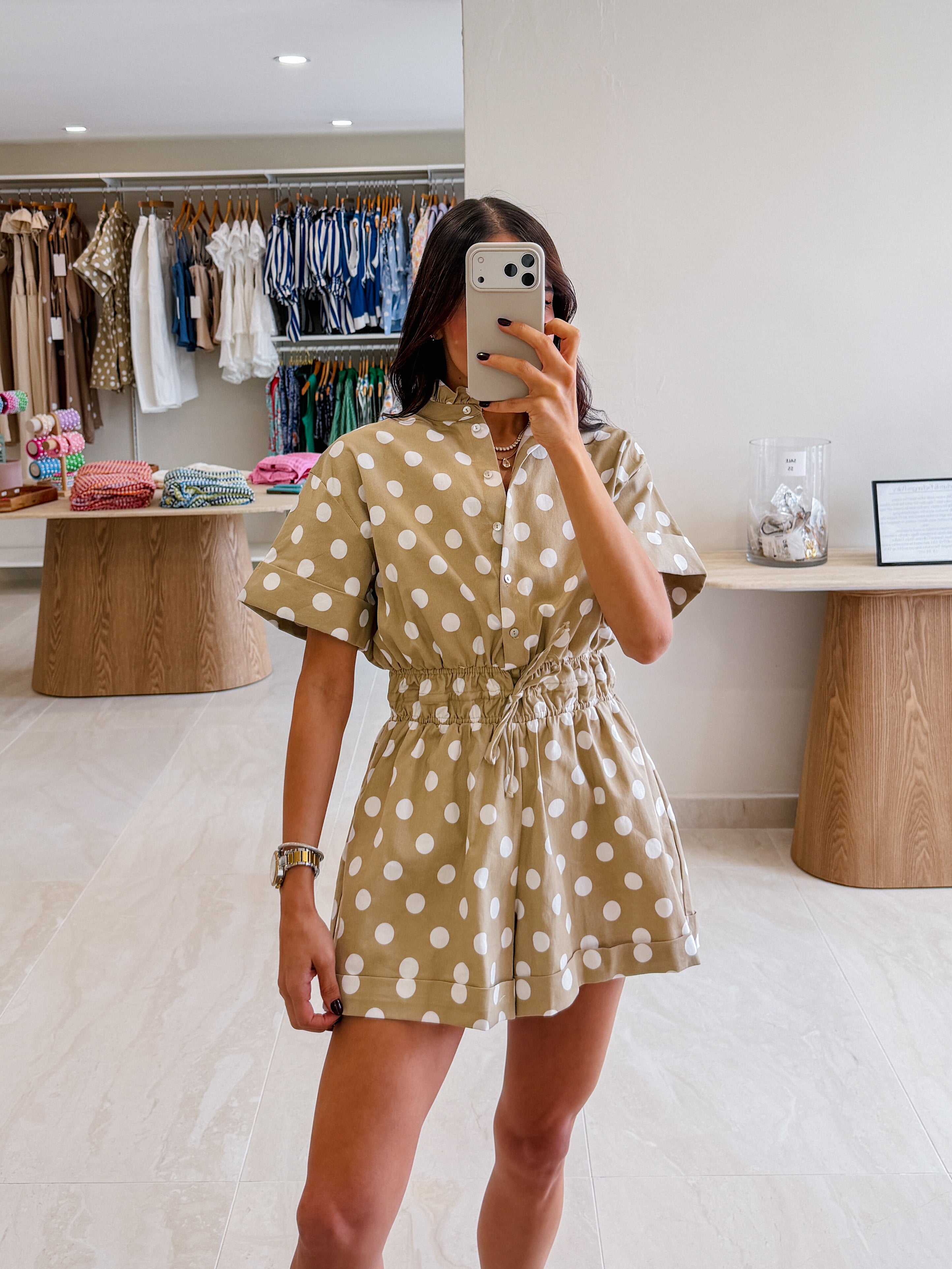 ALONDRA TAUPE POLKA DOT ROMPER