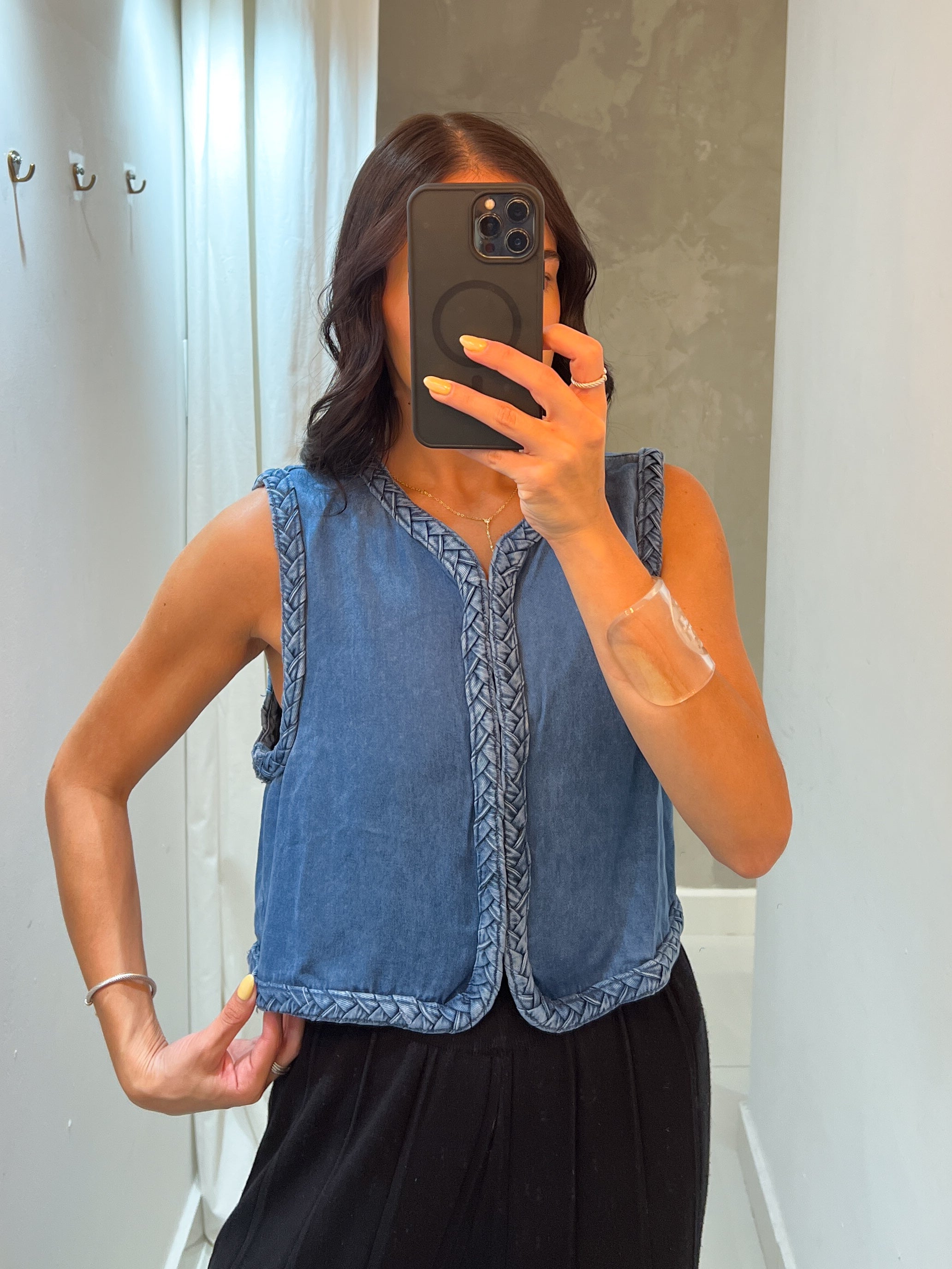 ELOUISE BRAIDED EDGES DENIM CROP VEST